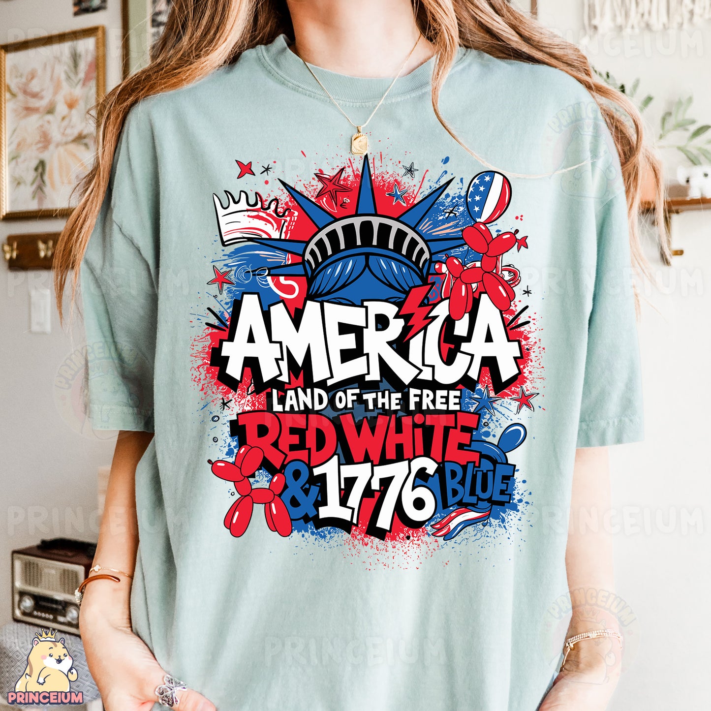 a woman wearing a t - shirt that says america land of the free red,