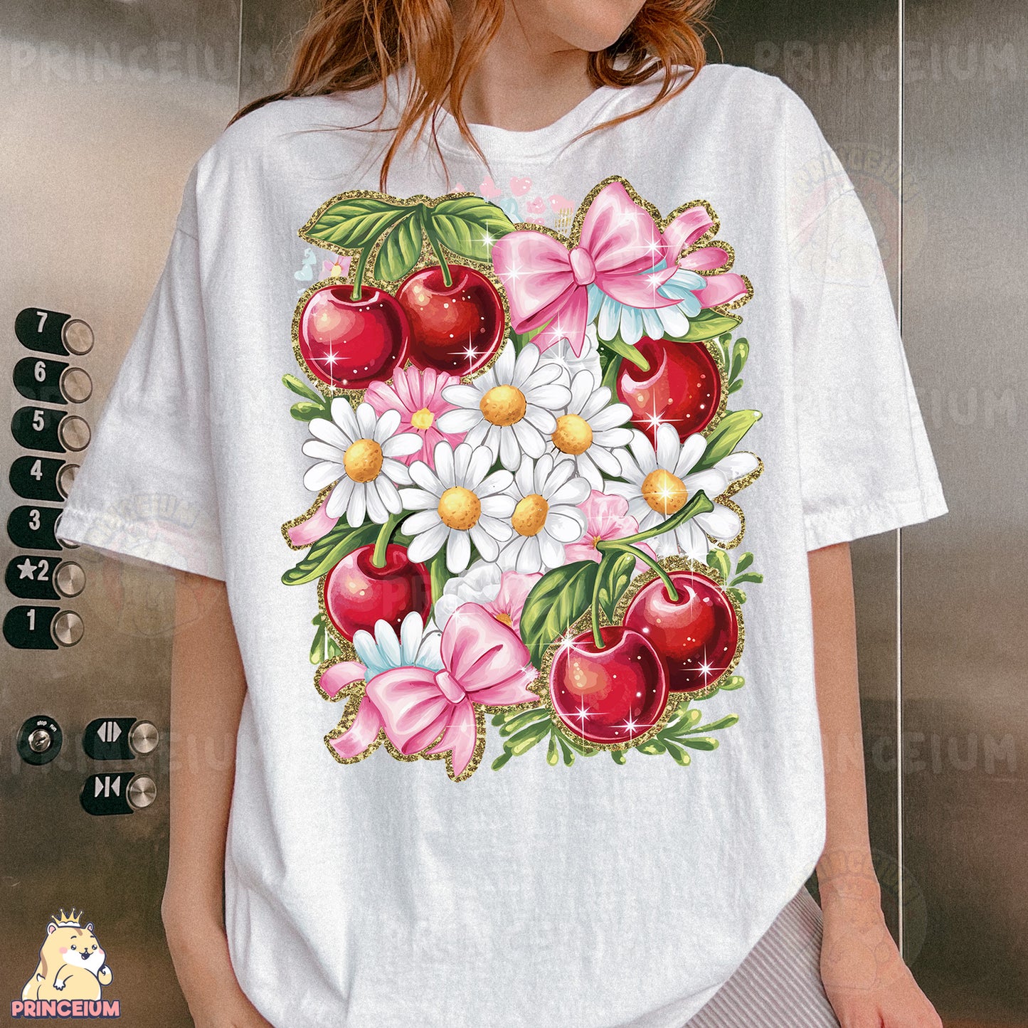 a woman wearing a t - shirt with flowers and cherries on it