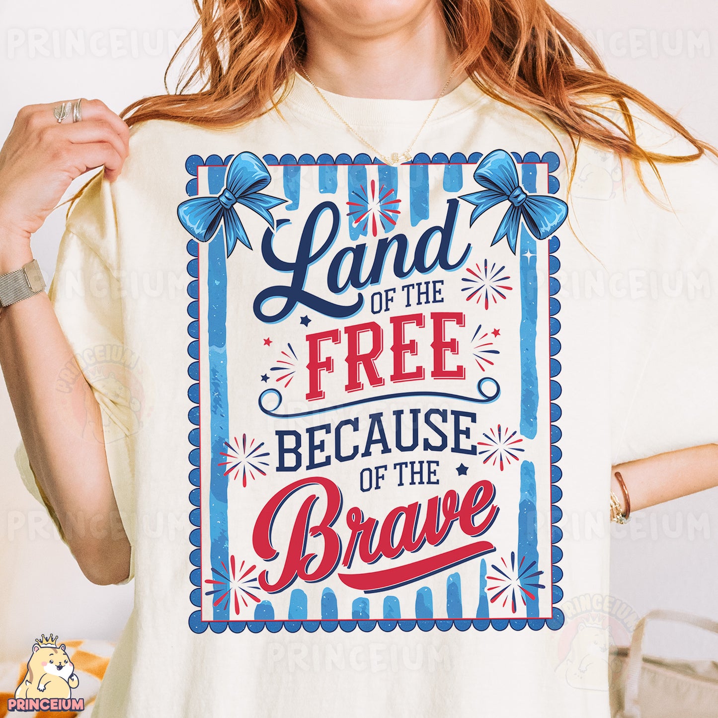 a woman wearing a t - shirt that says land of the free because of the