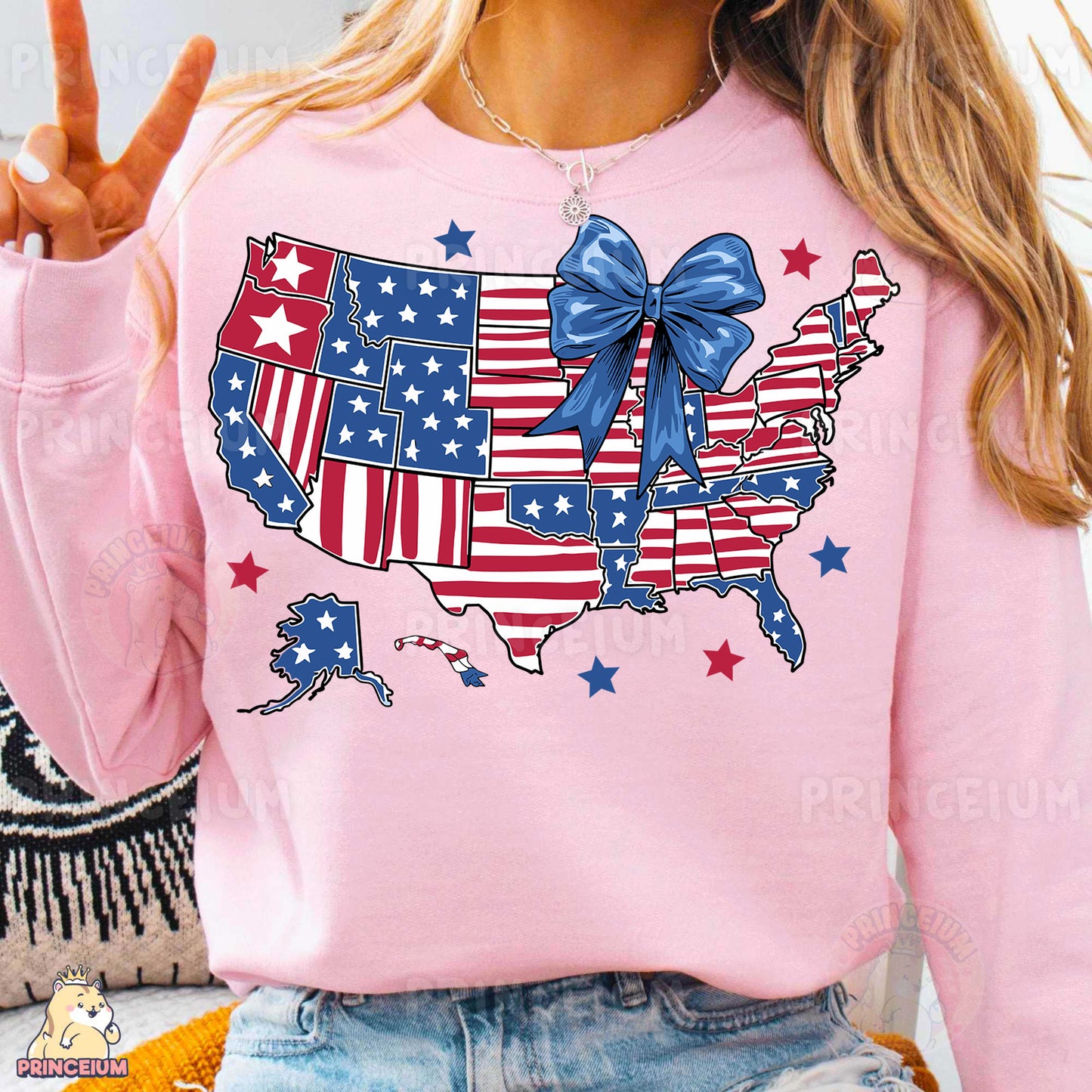a woman wearing a pink shirt with a usa map on it