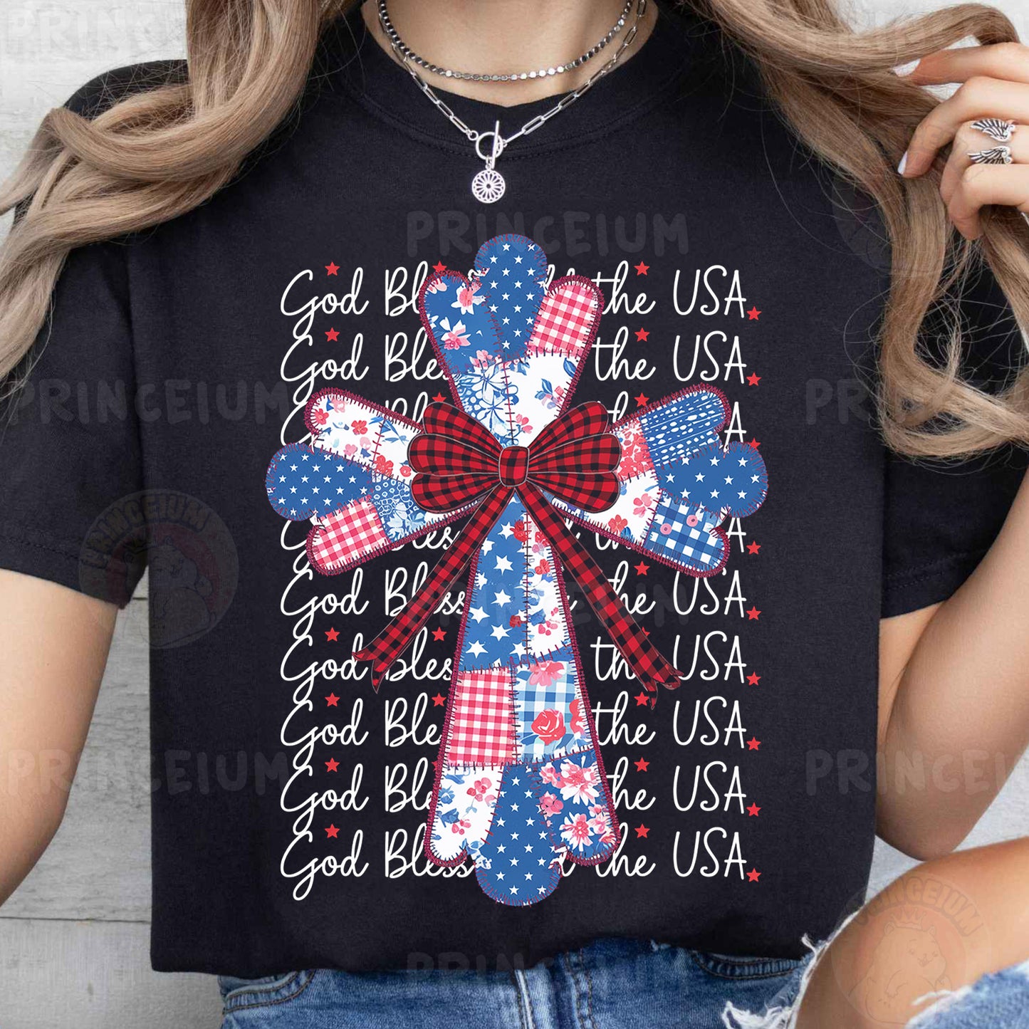 a woman wearing a black shirt with a red, white and blue bow on it