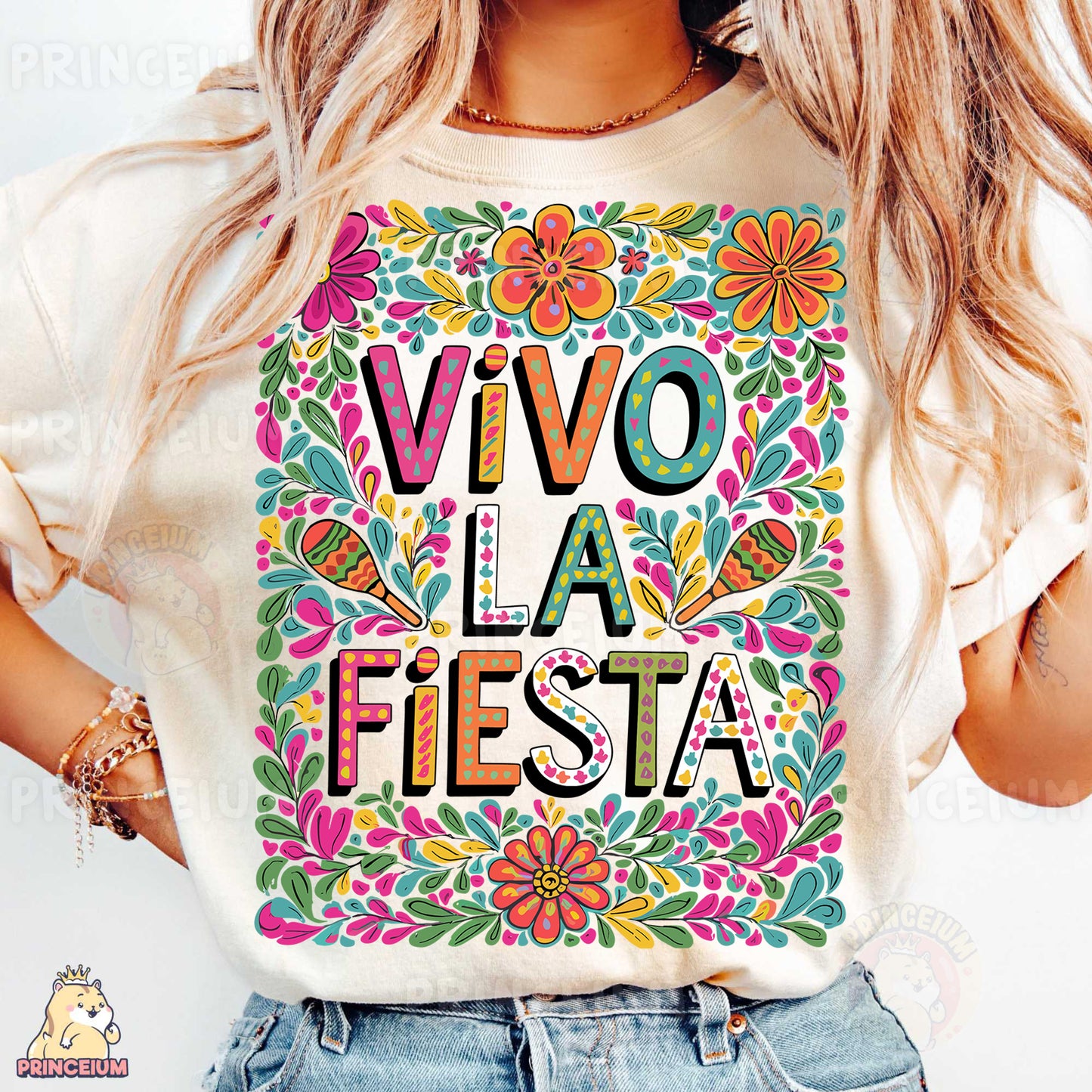 a woman wearing a t - shirt that reads vivo la fiesta fiesta