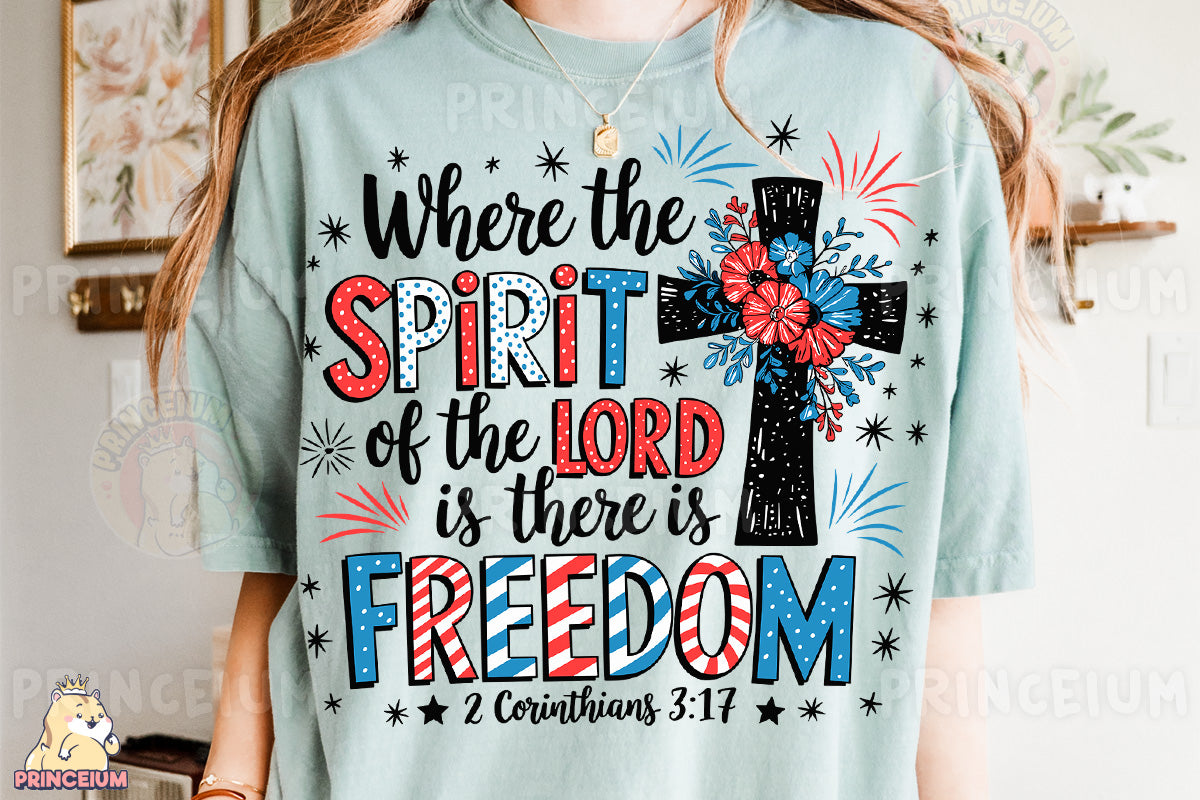a woman wearing a t - shirt that says, where the spirit of the lord