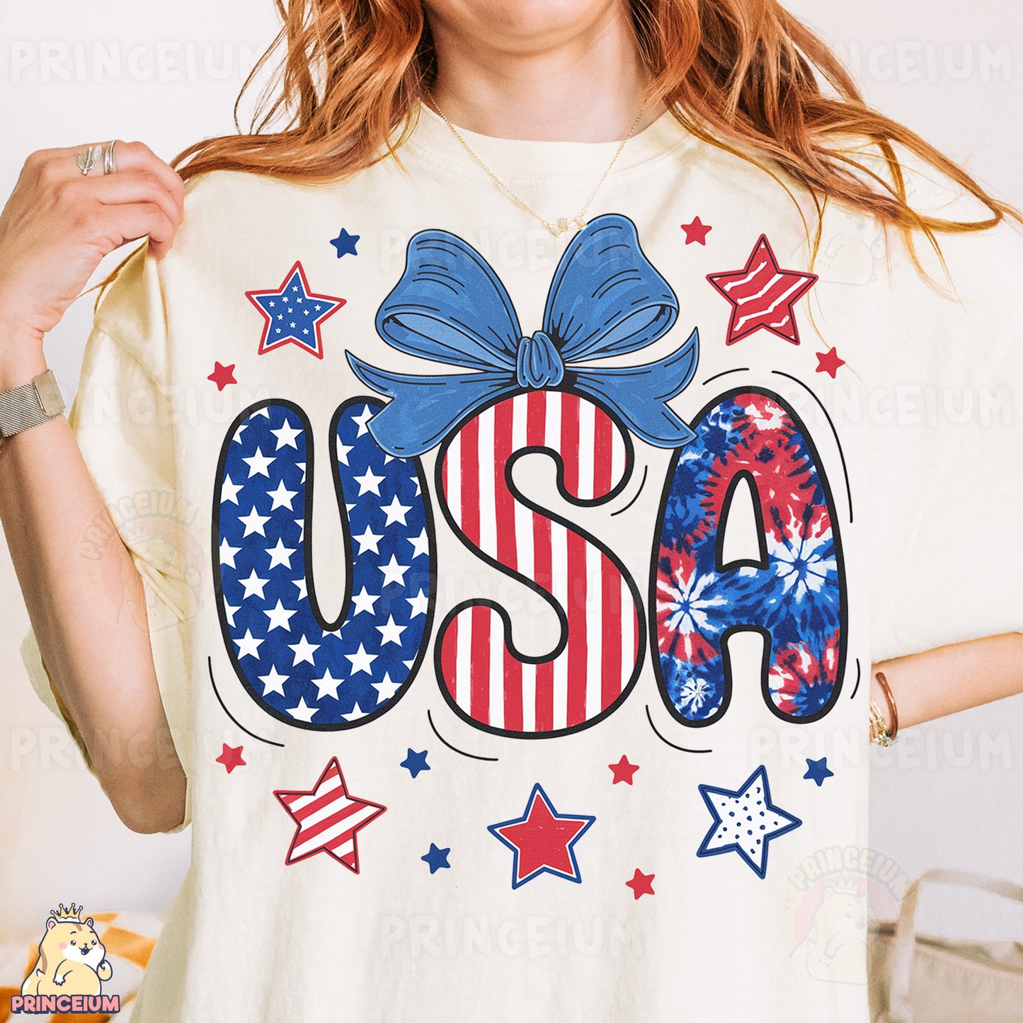 a woman wearing a usa t - shirt with a bow