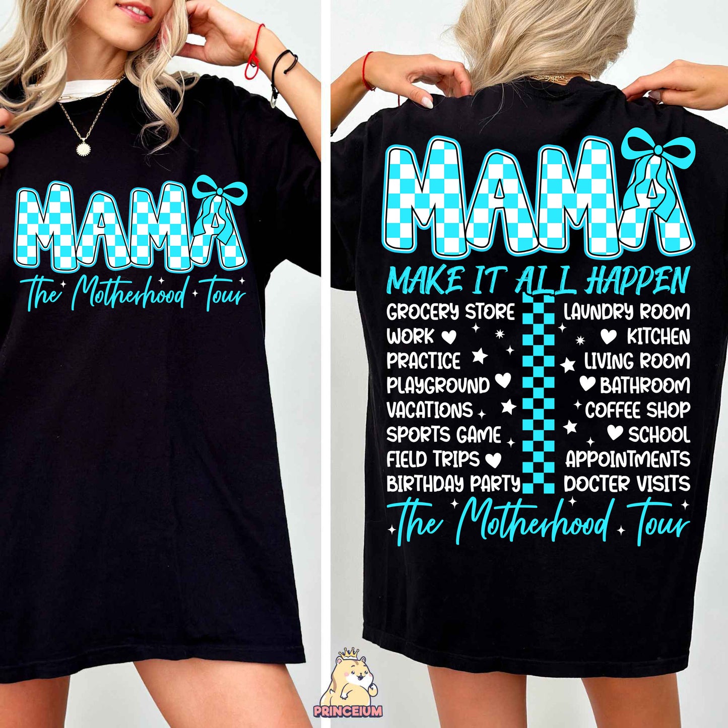a woman wearing a black shirt that says mama's make it happen