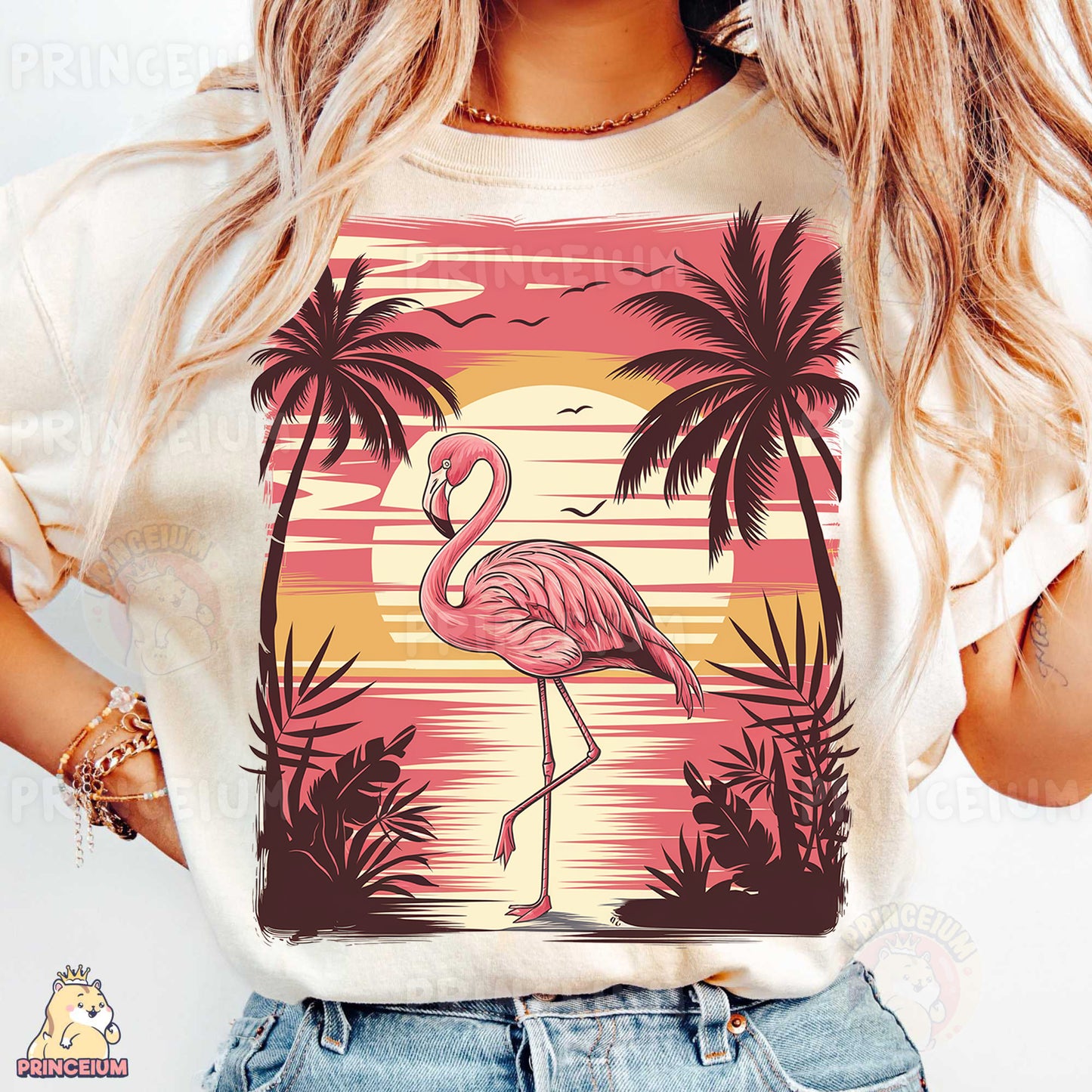 a woman wearing a t - shirt with a flamingo on it