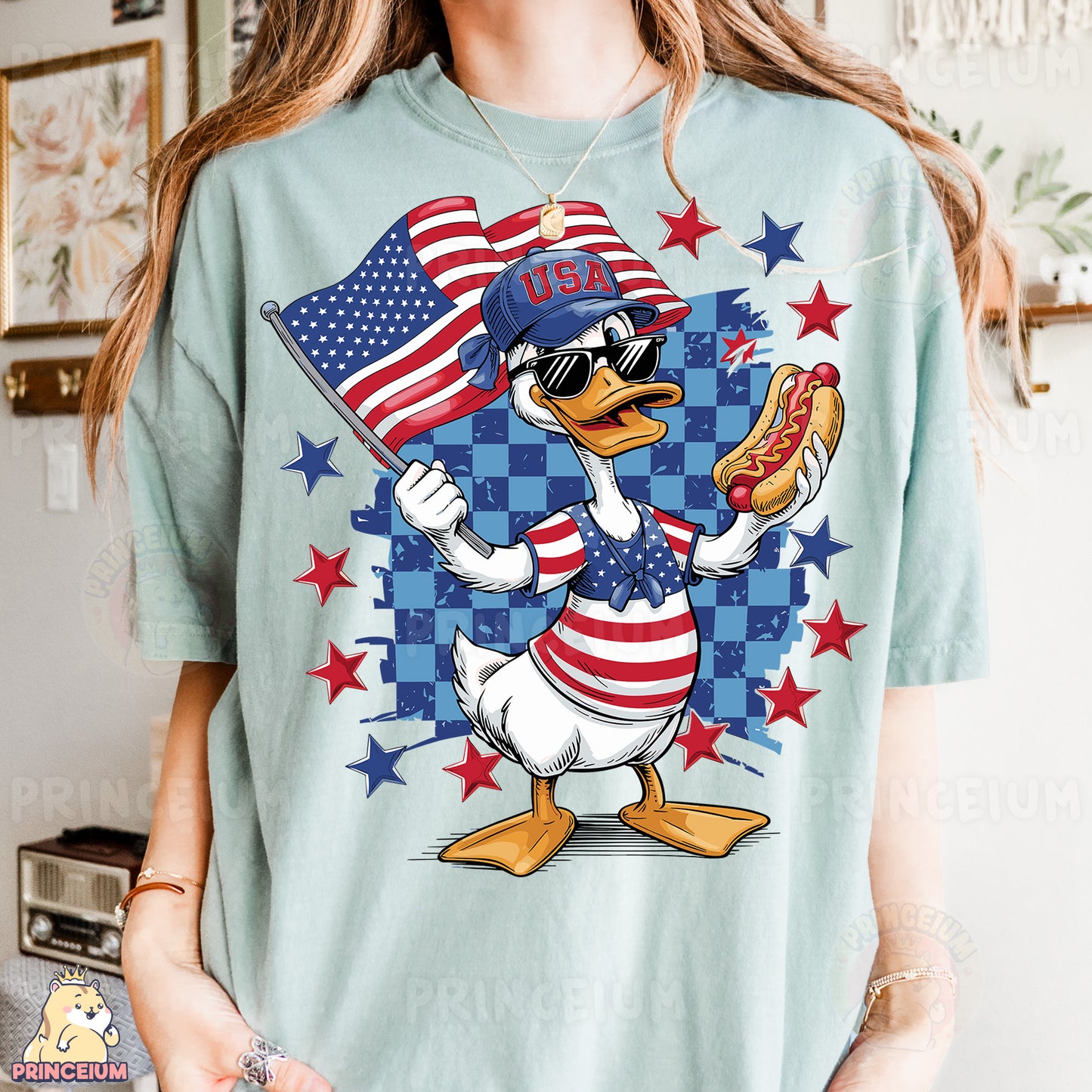 a woman wearing a donald duck t - shirt and holding a hot dog