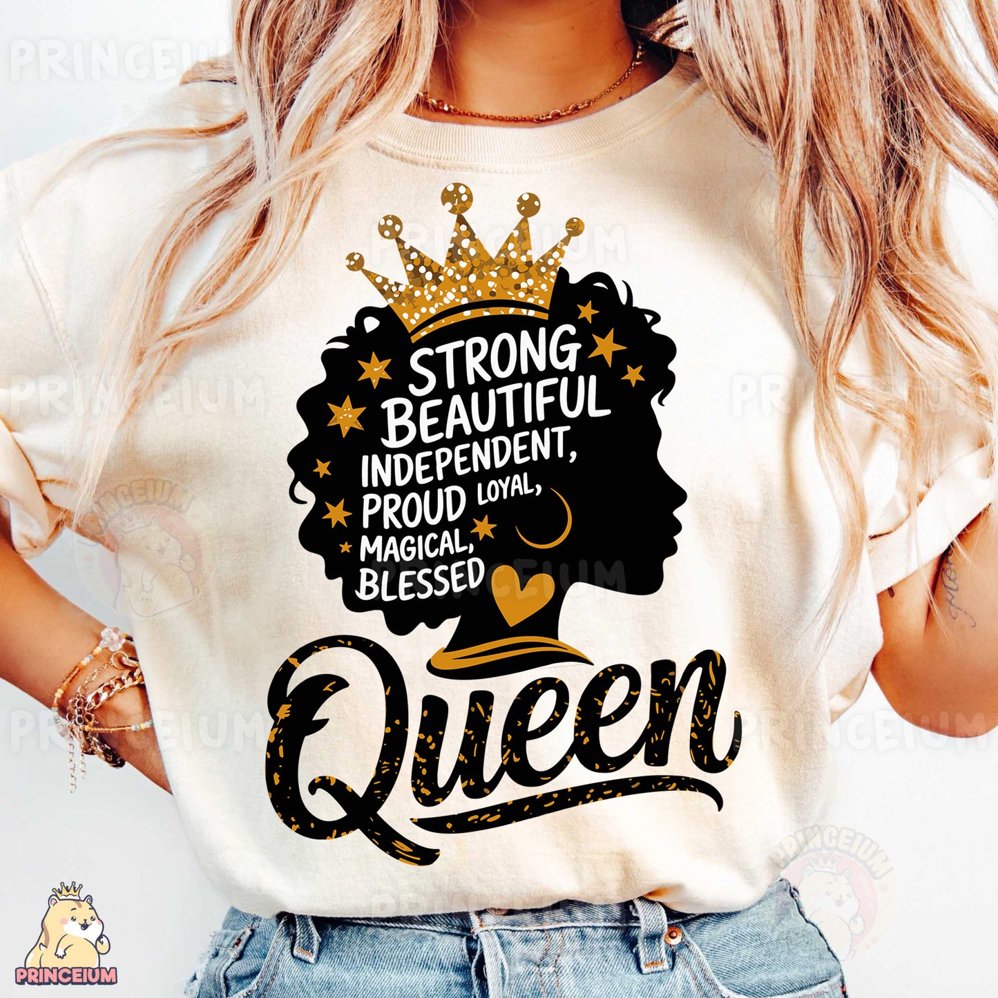 a woman wearing a t - shirt with a crown on it