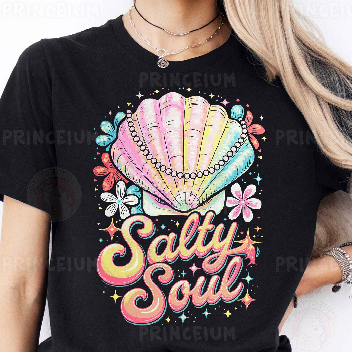 a woman wearing a black t - shirt with the words salty soul on it