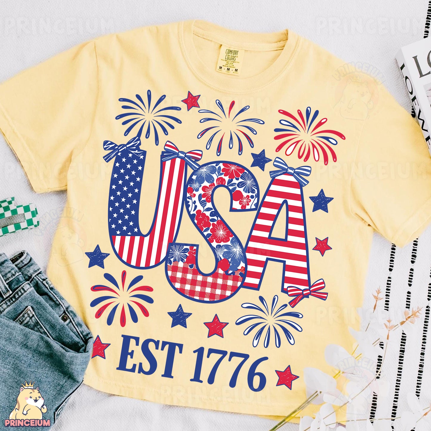 a t - shirt that says usa with fireworks on it