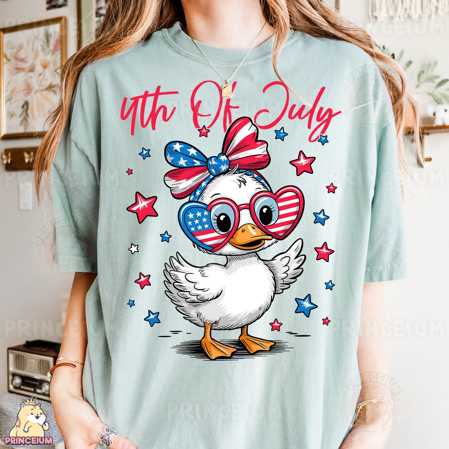 a woman wearing a t - shirt with a duck wearing sunglasses