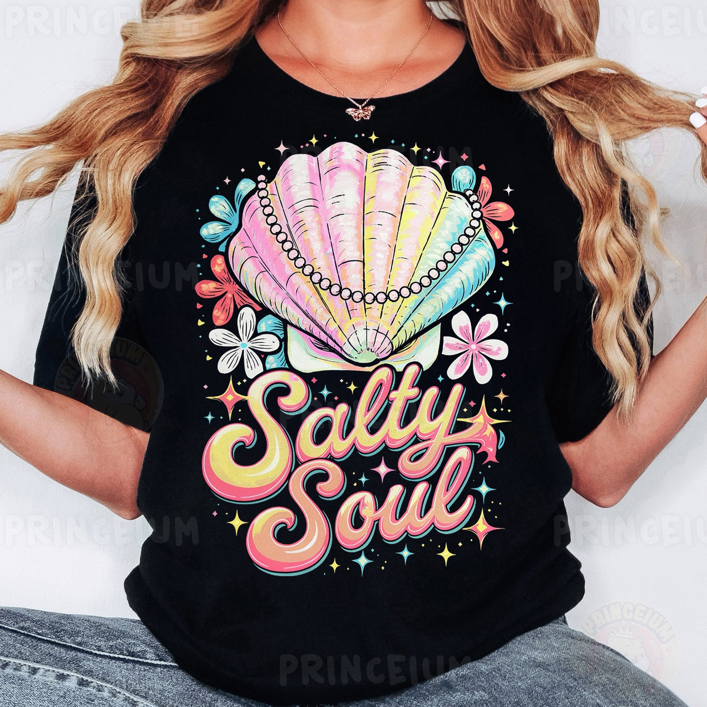 a woman wearing a black t - shirt that says salty soul