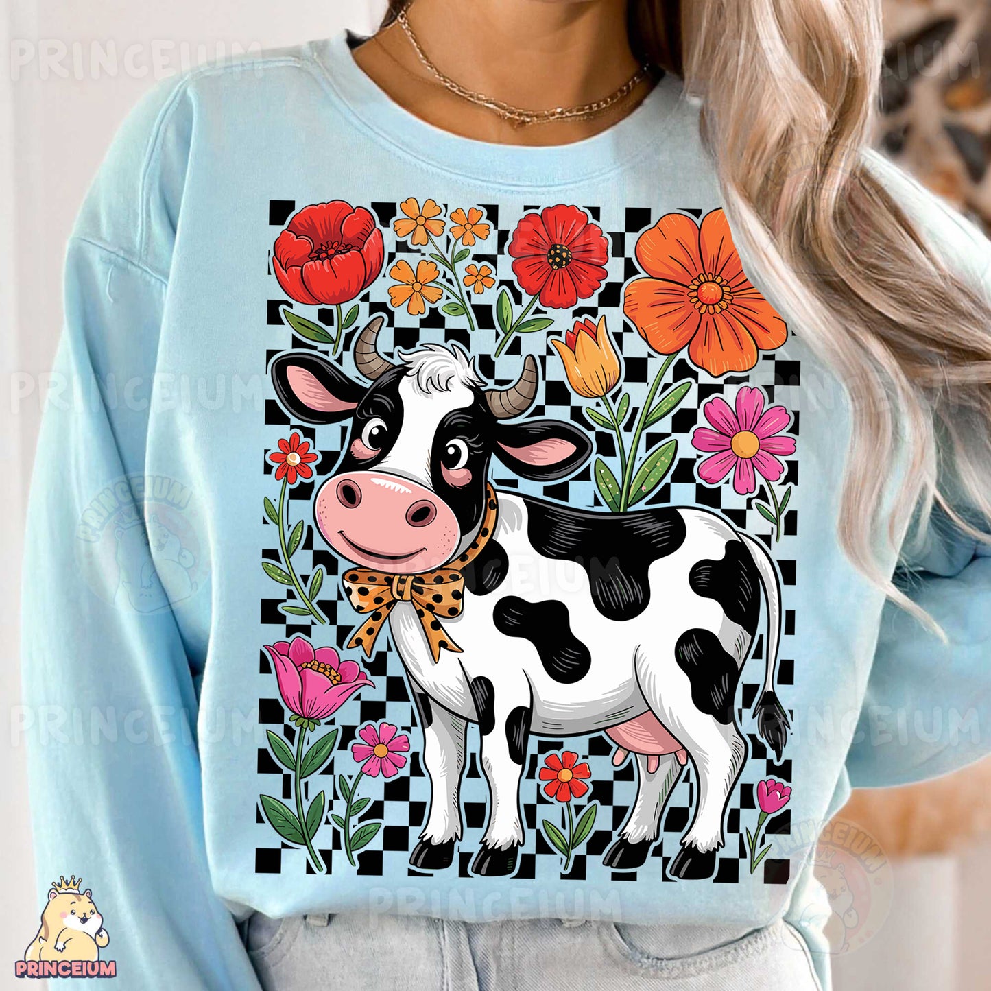 a woman wearing a sweatshirt with a cow on it