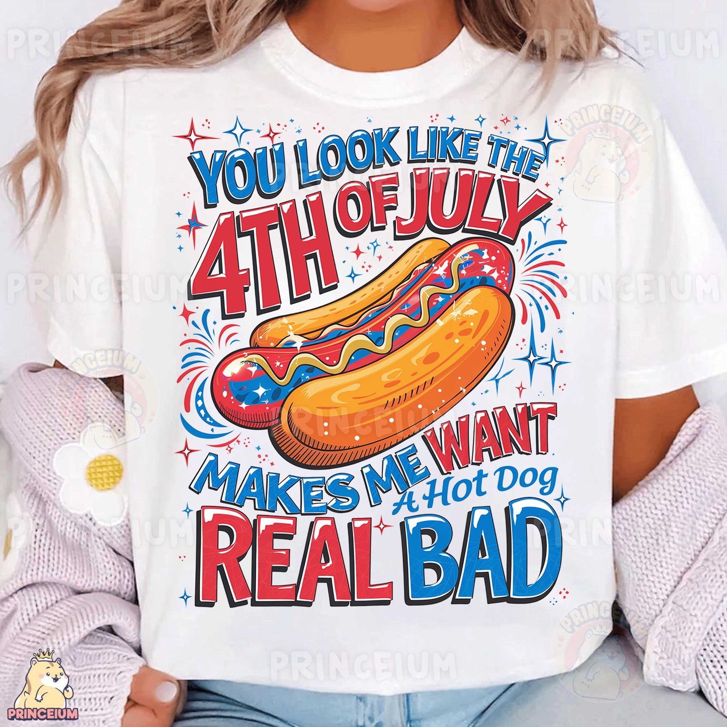a woman wearing a white shirt with a hot dog on it