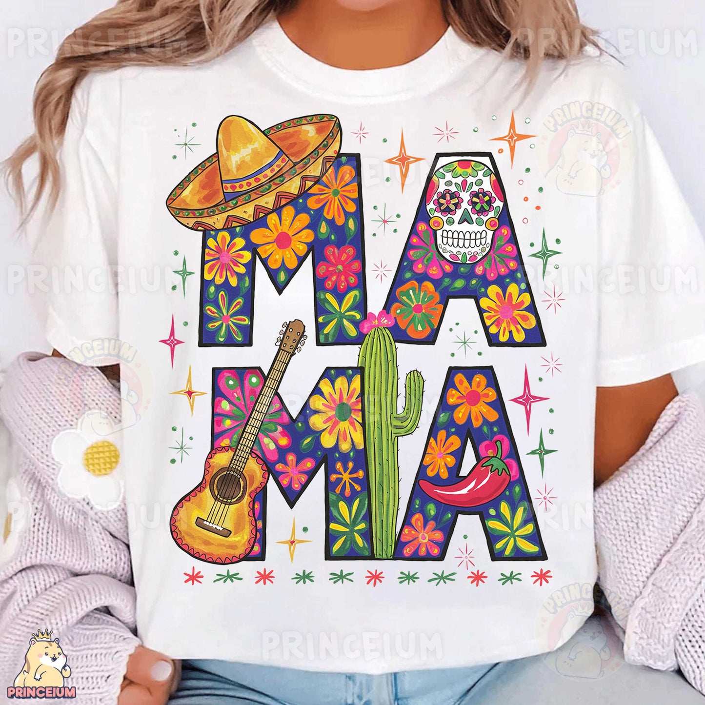 a woman wearing a white t - shirt with a mexican design