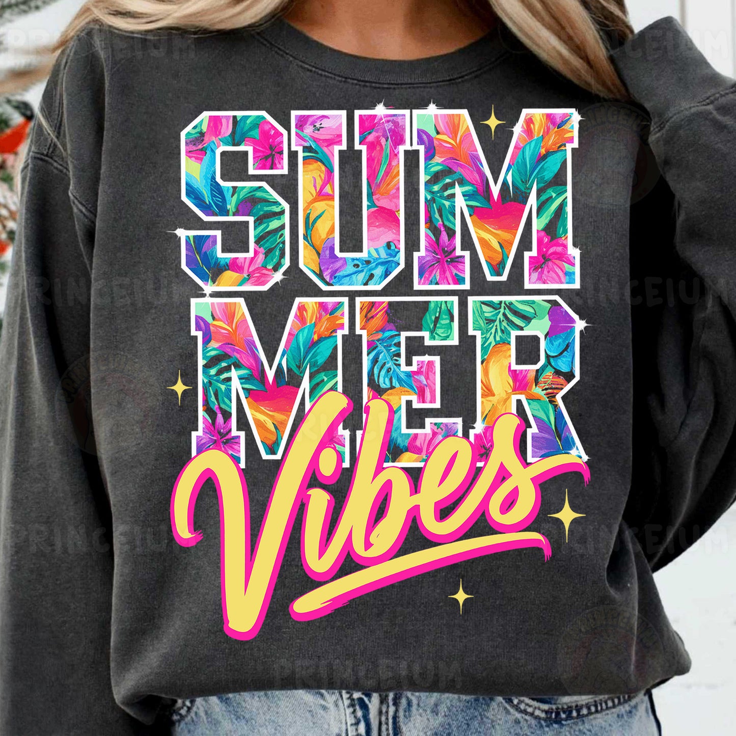 a woman wearing a sweatshirt that says summer vibes