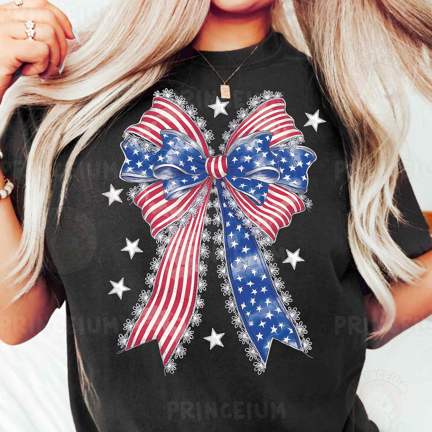 a woman wearing an american flag bow t - shirt