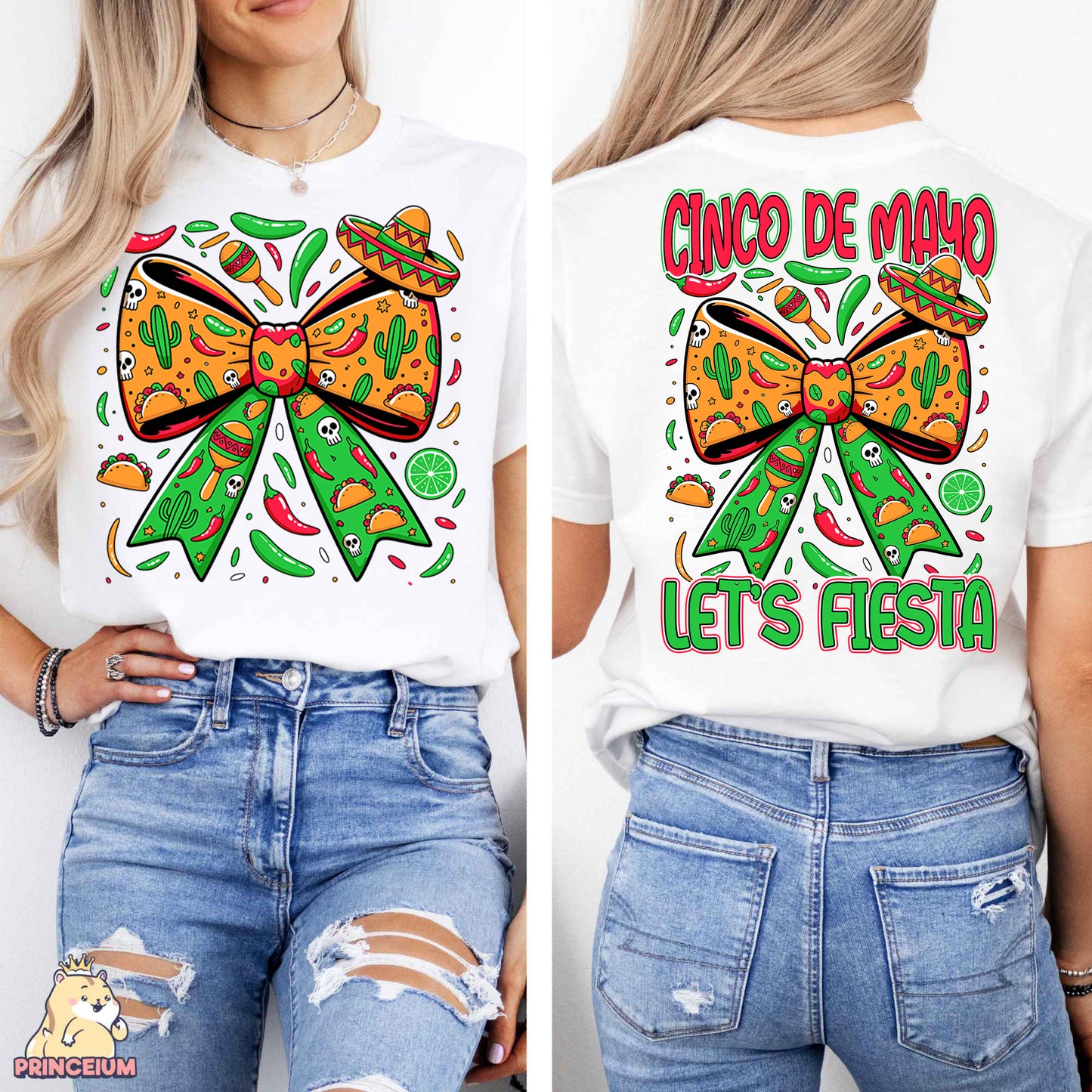 a woman wearing a t - shirt with a bow on it