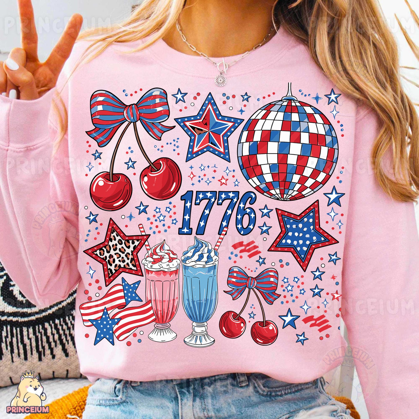 a woman wearing a pink shirt with american symbols on it