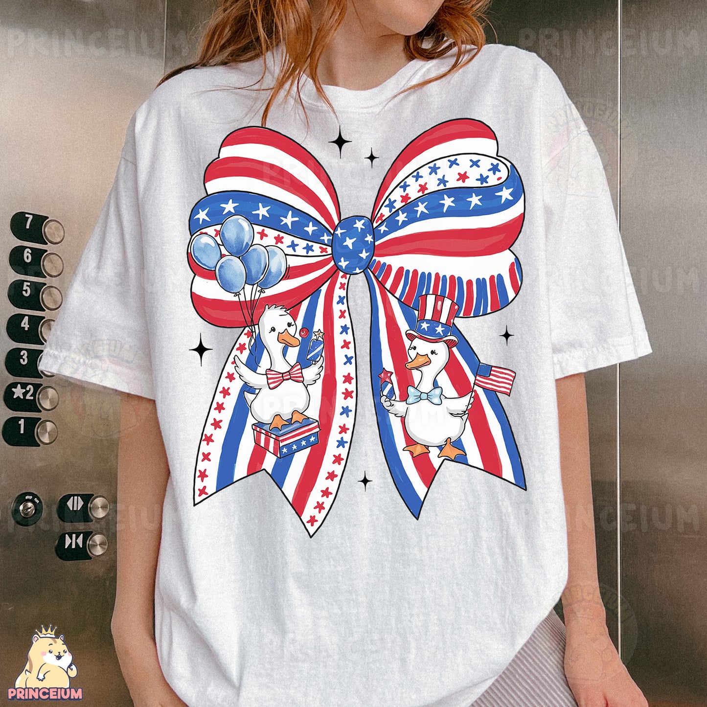 a woman wearing a white shirt with an american flag bow