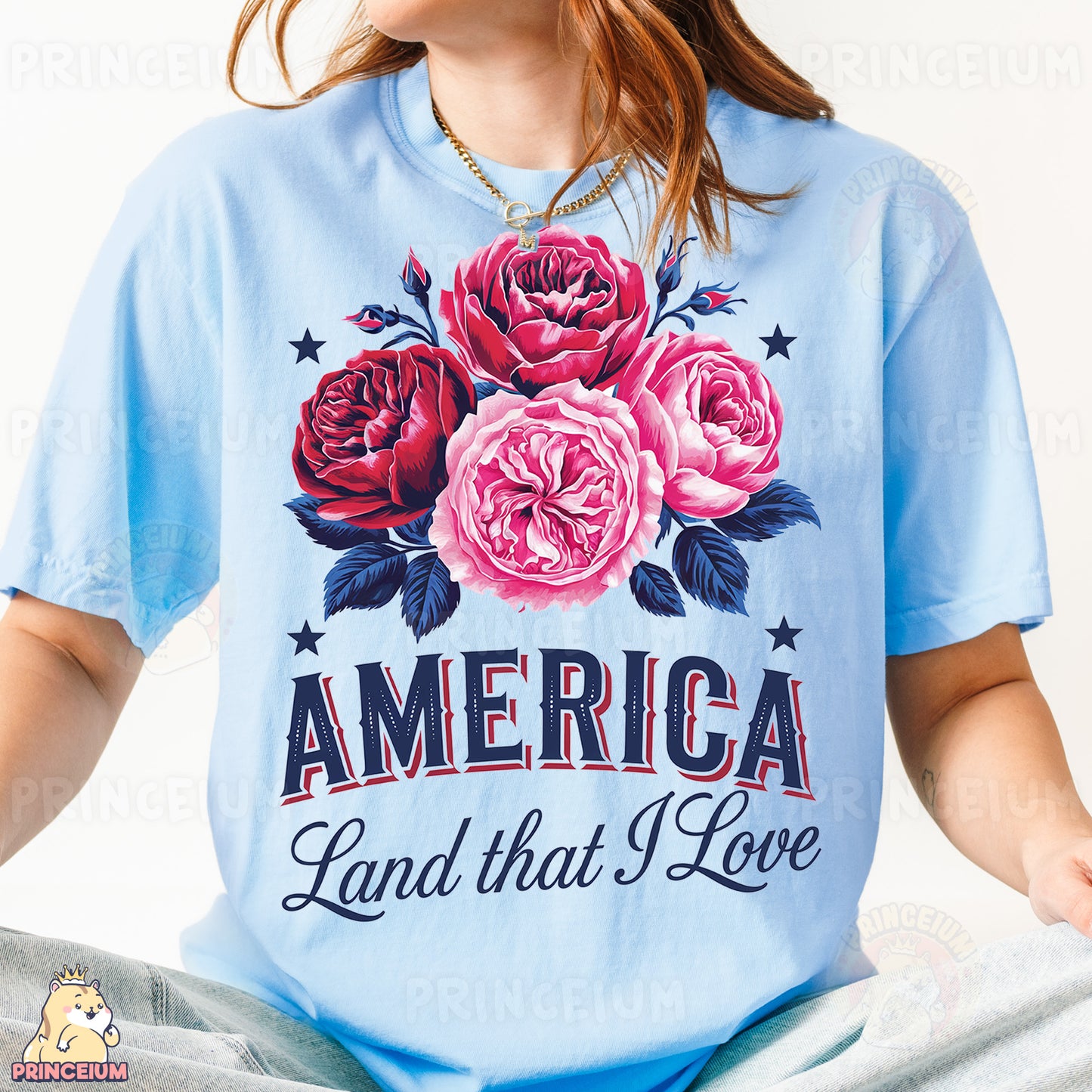 a woman wearing a blue america land that i love t - shirt