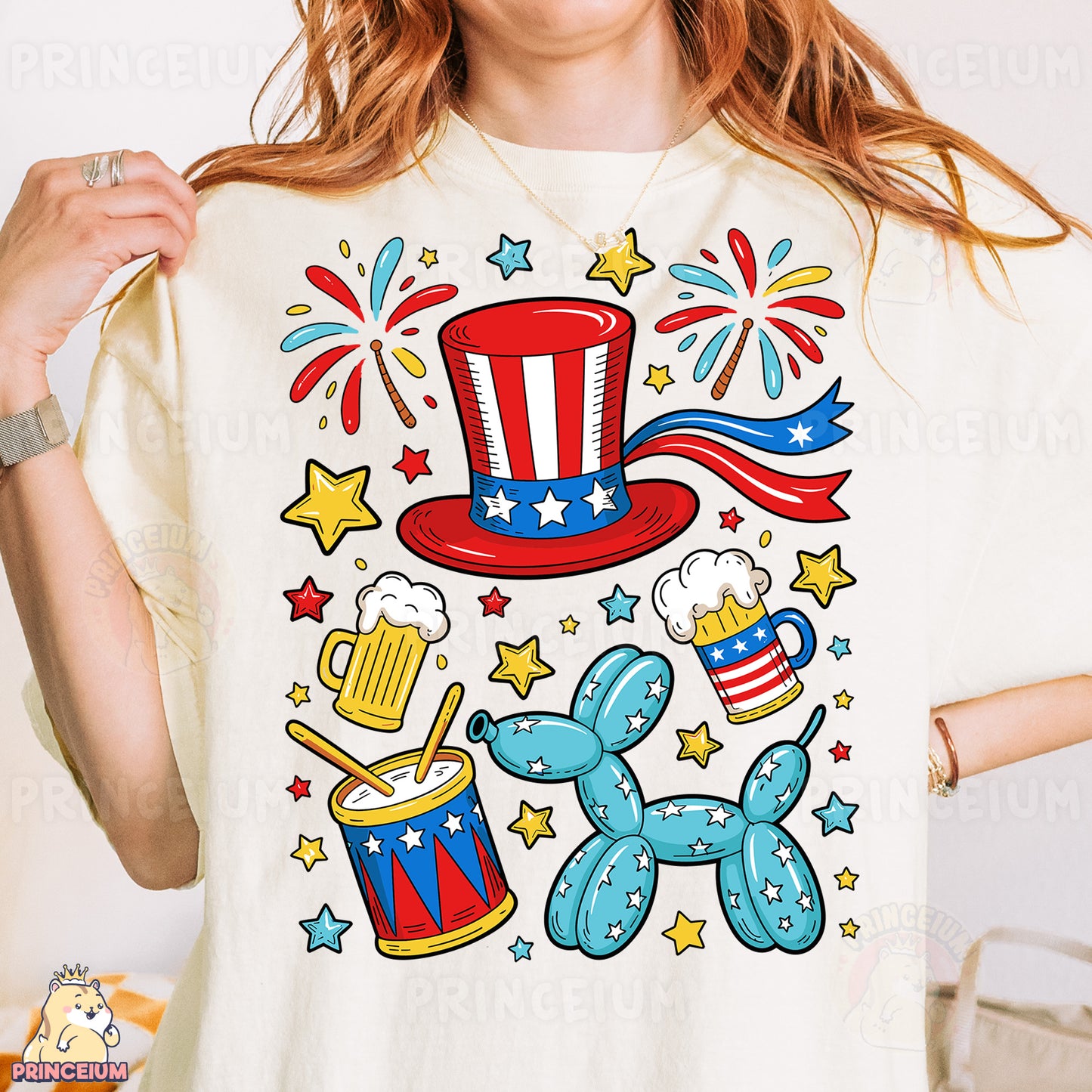 a woman wearing a t - shirt with a patriotic design
