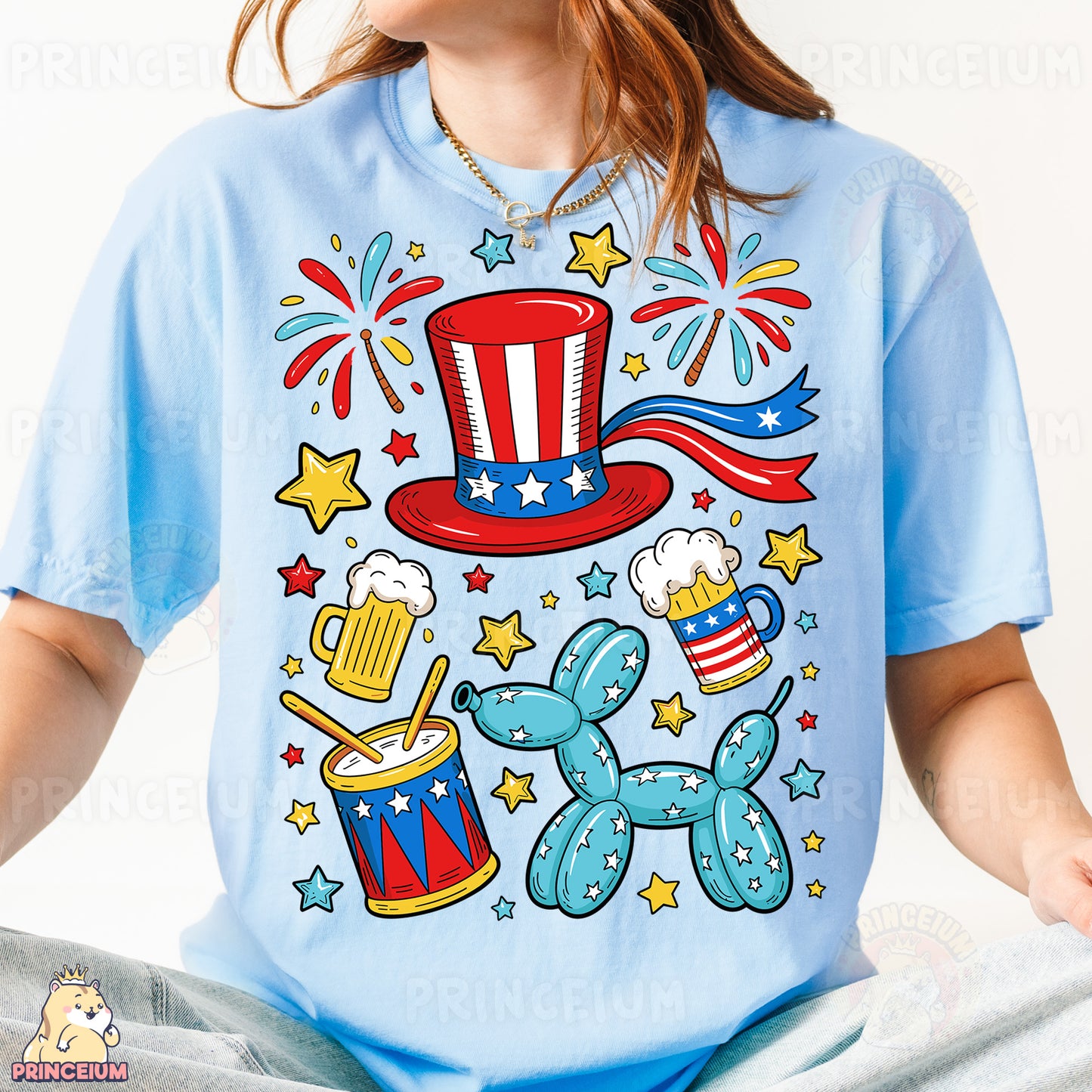 a woman wearing a blue t - shirt with a patriotic design on it