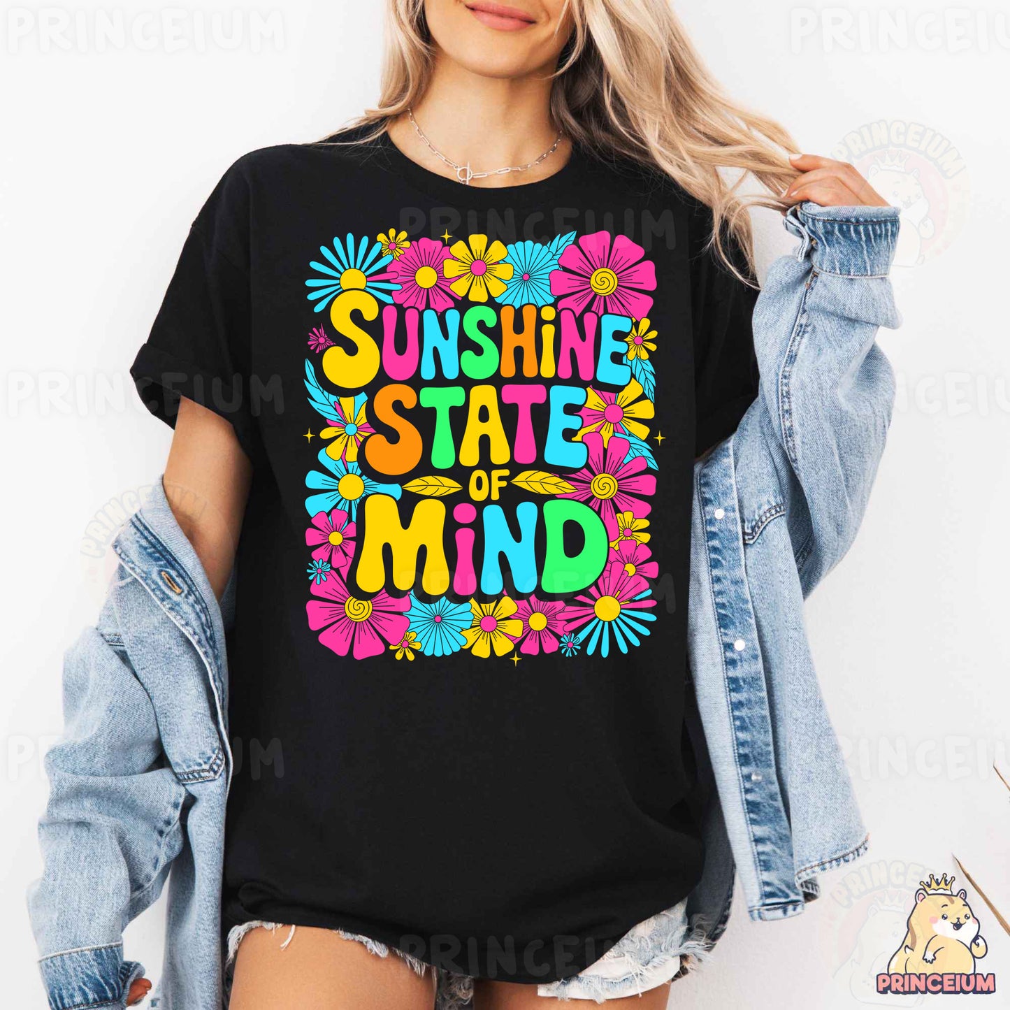 a woman wearing a black shirt that says sunshine state of mind