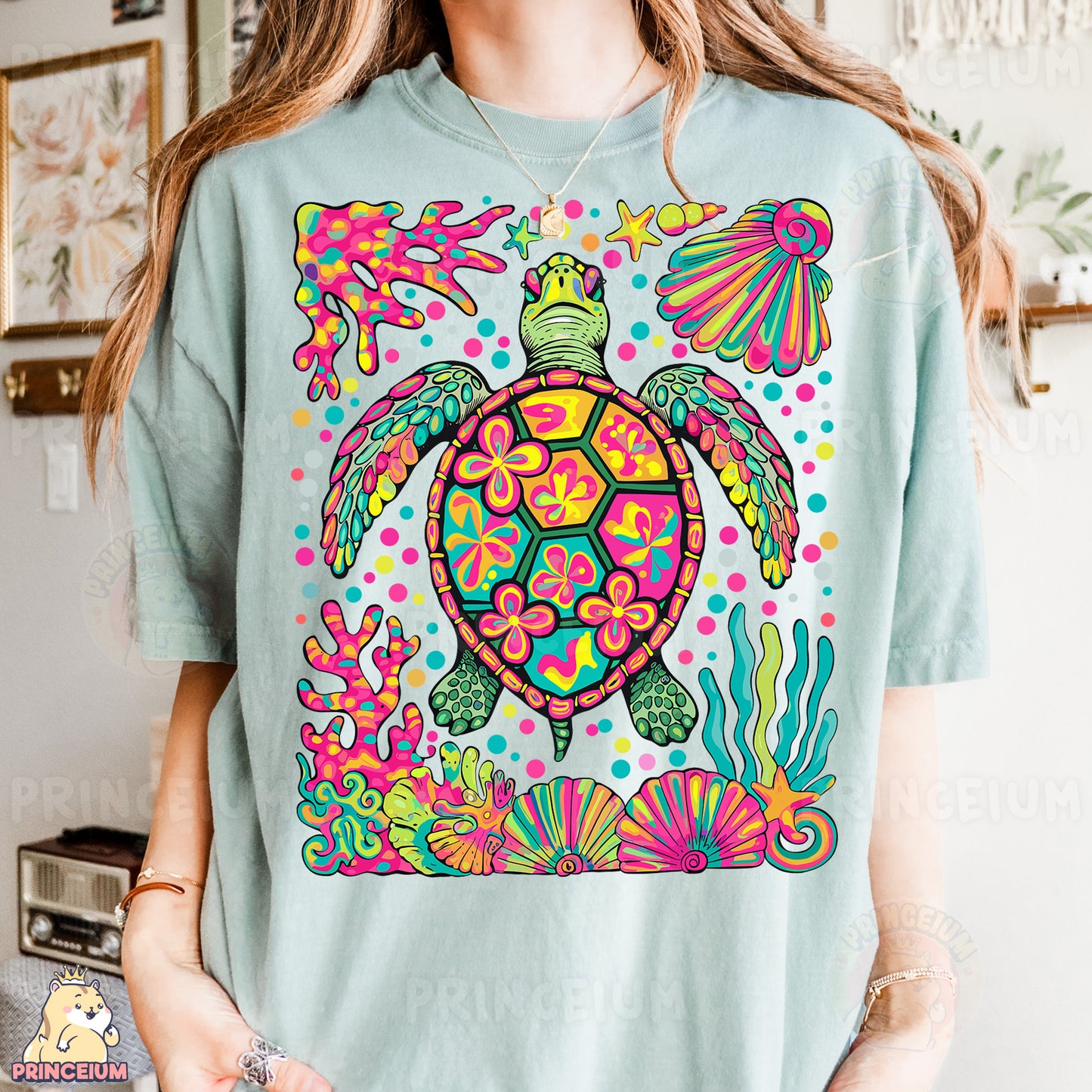a woman wearing a t - shirt with a turtle on it