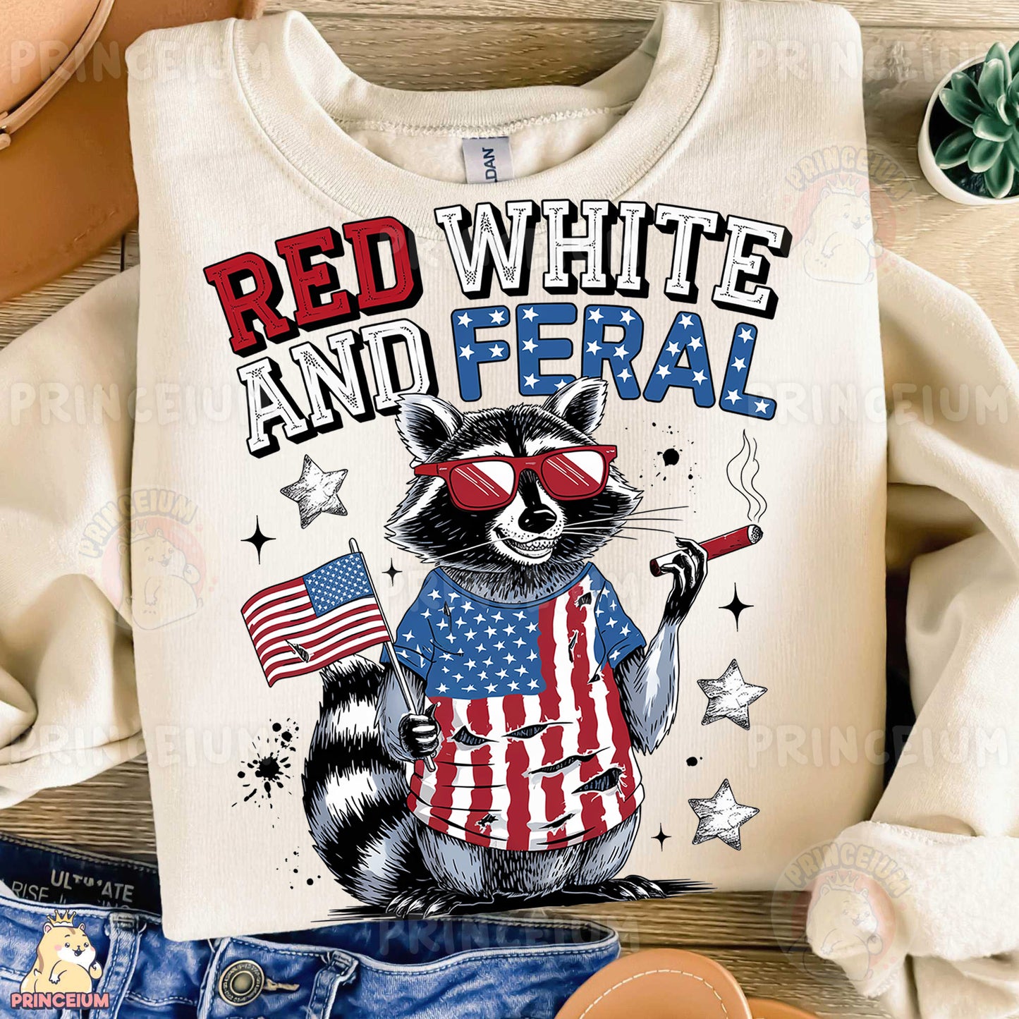a raccoon wearing a red, white and blue shirt