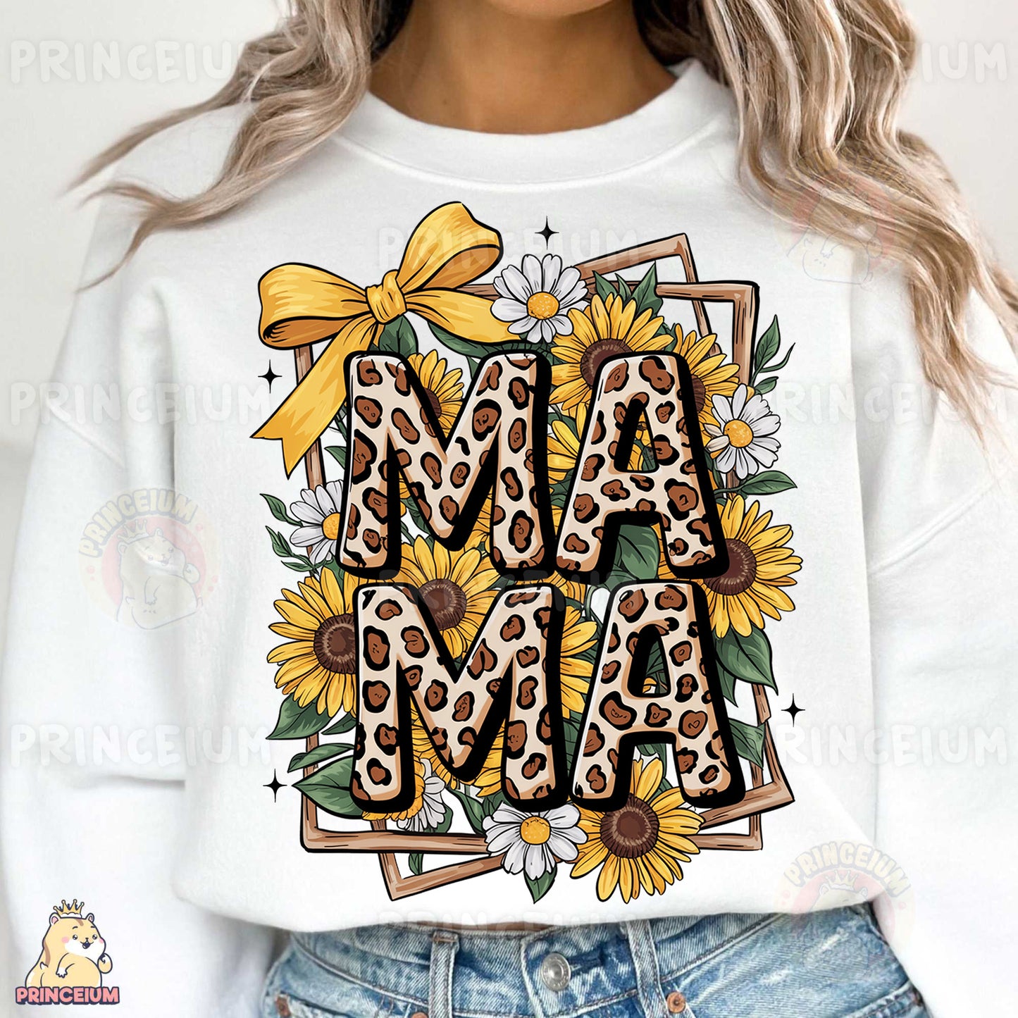 a woman wearing a white sweatshirt with a leopard print and sunflowers