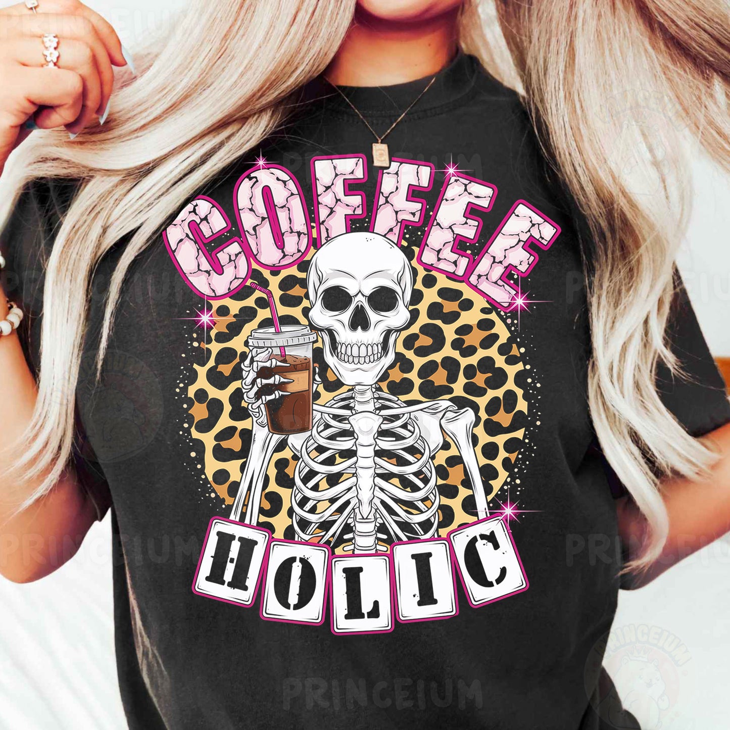 a woman wearing a coffee holic t - shirt