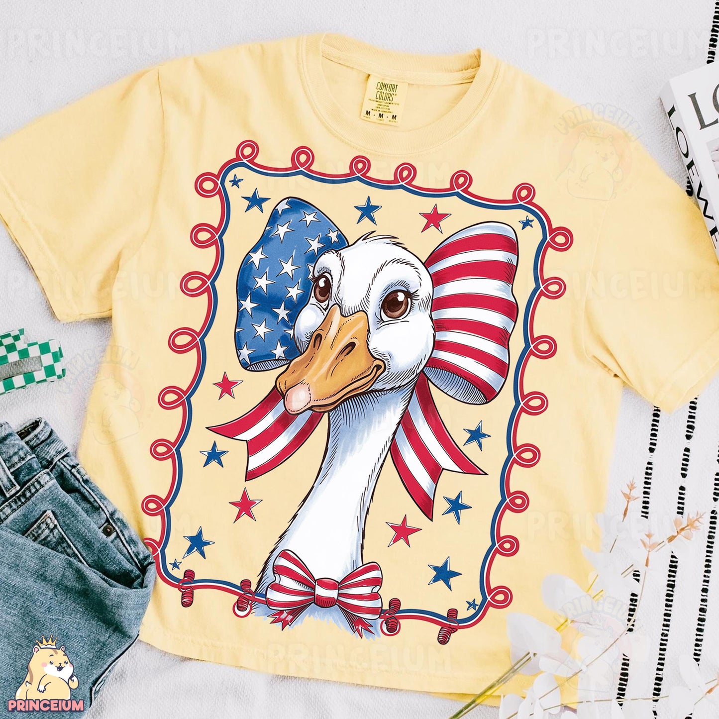 a t - shirt with a picture of a goose wearing an american flag bow tie