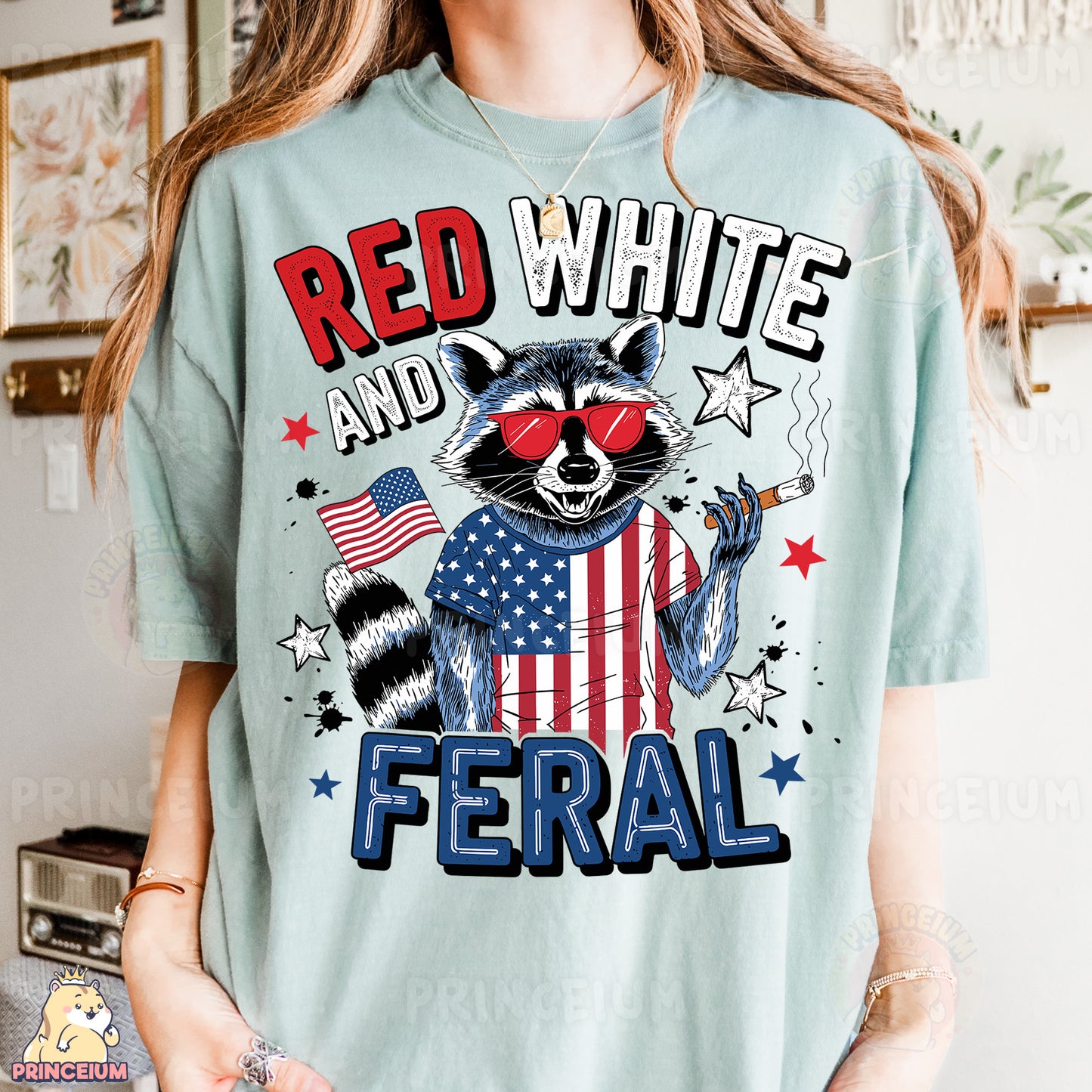a woman wearing a red, white and blue shirt