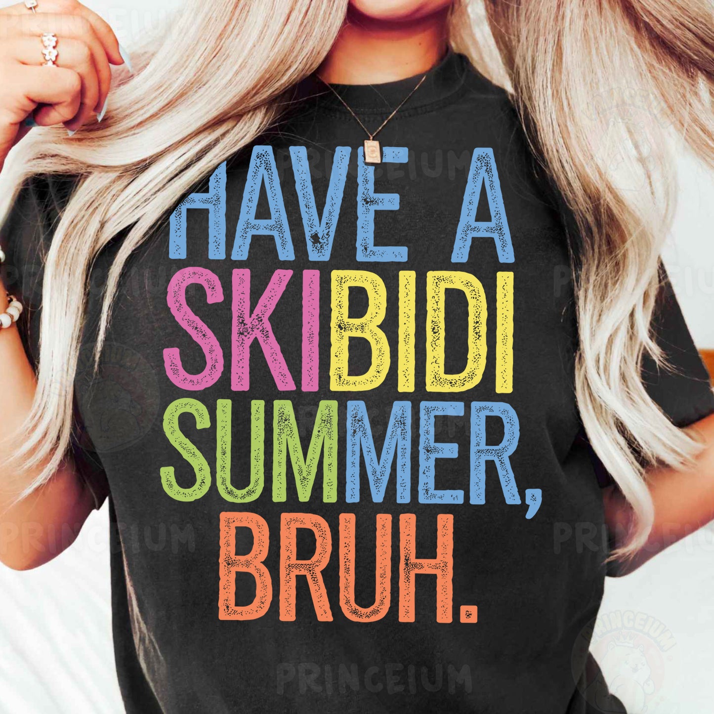 a woman wearing a black shirt that says have a skibid summer, br