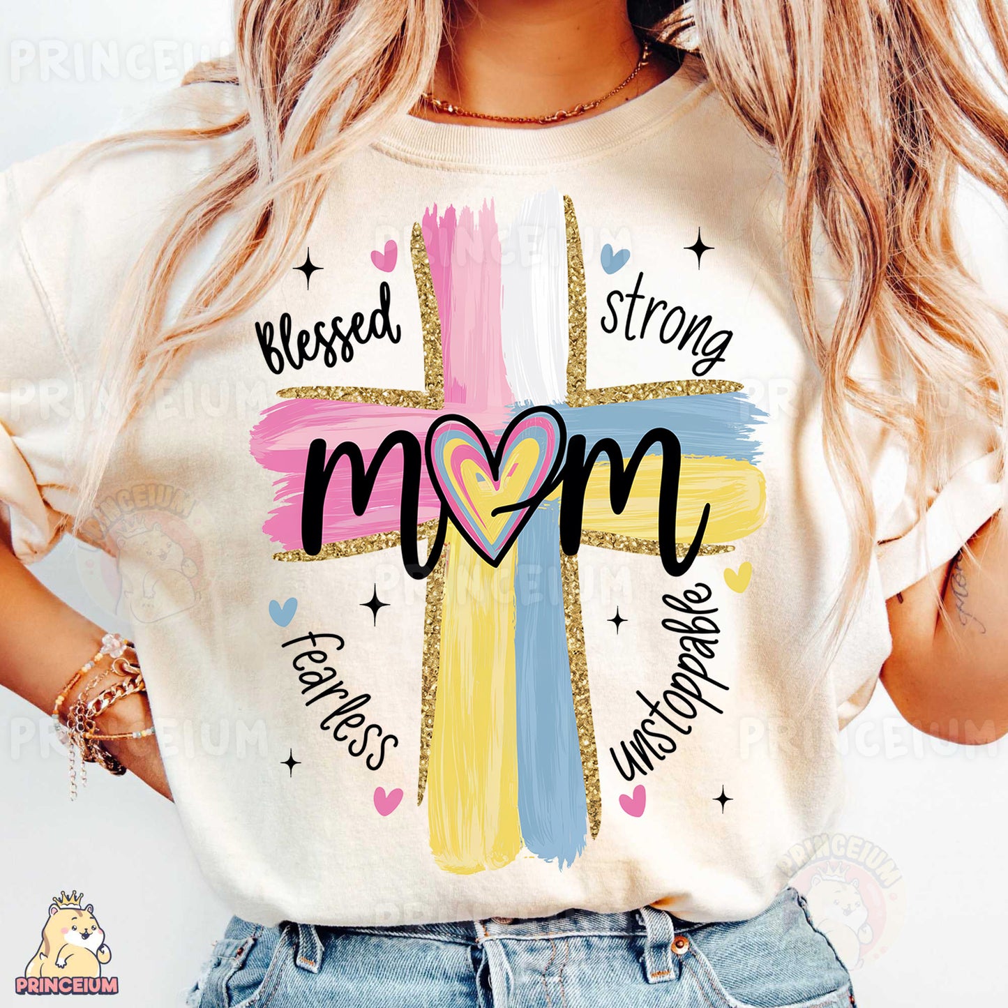 a woman wearing a t - shirt with a cross on it