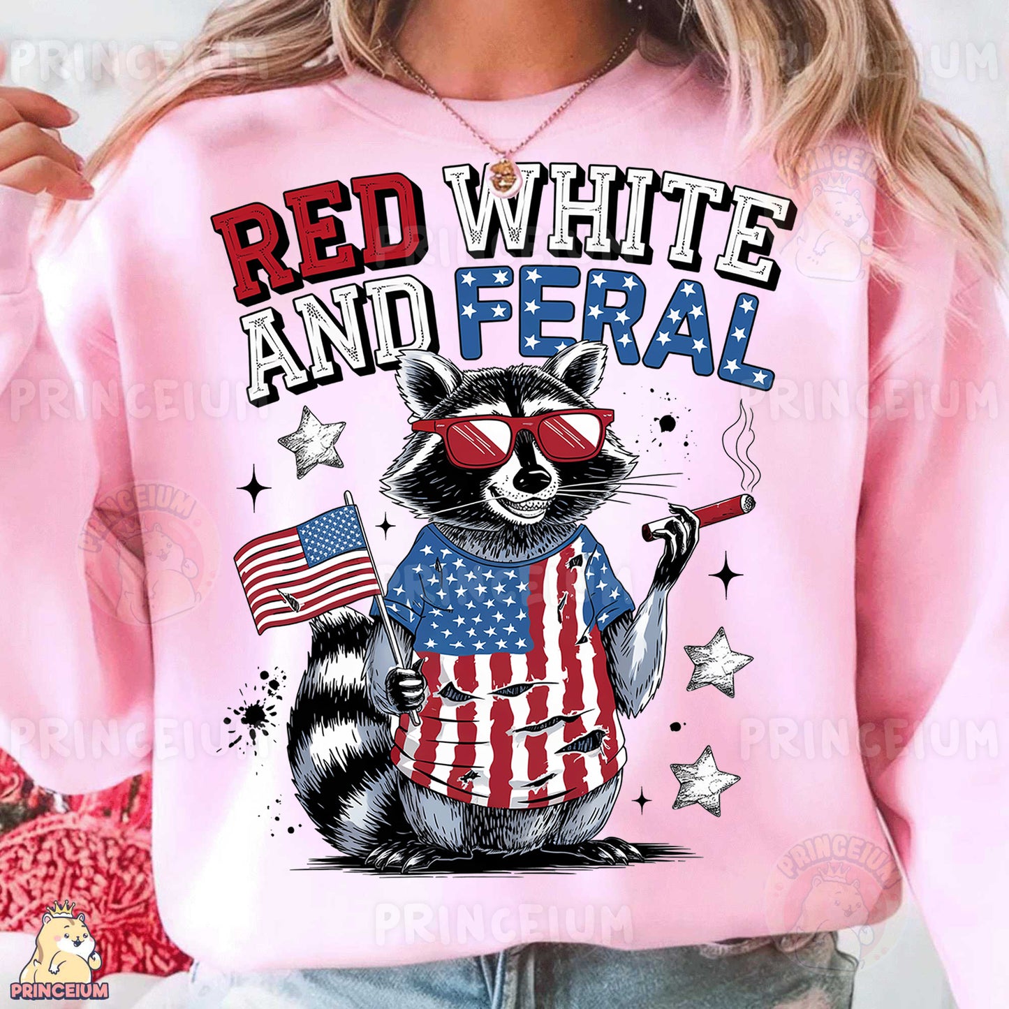 a woman wearing a pink shirt with a raccoon on it