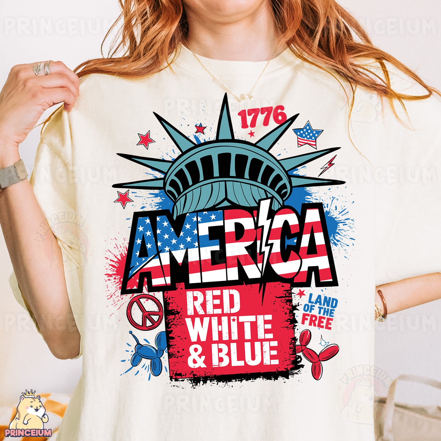 a woman wearing a t - shirt with the statue of liberty on it