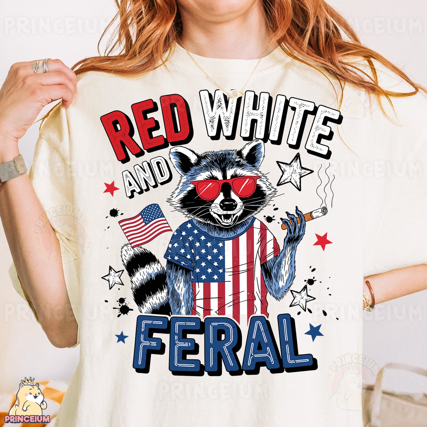 a woman wearing a red white and blue shirt