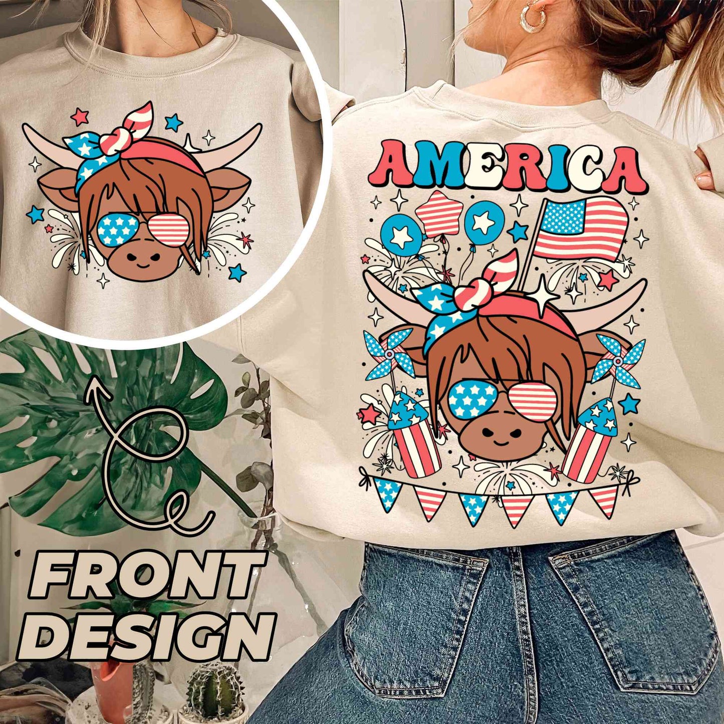 Western America Highland Cow Png, America Png, 4th of July Png, American Flag Png, Highland Cow Freedom Sublimation Design