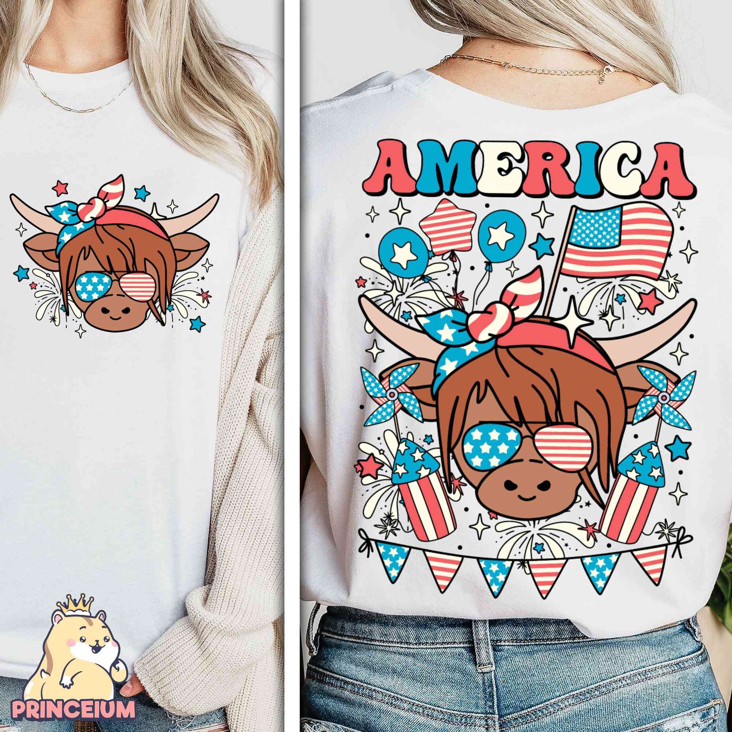 Western America Highland Cow Png, America Png, 4th of July Png, American Flag Png, Highland Cow Freedom Sublimation Design