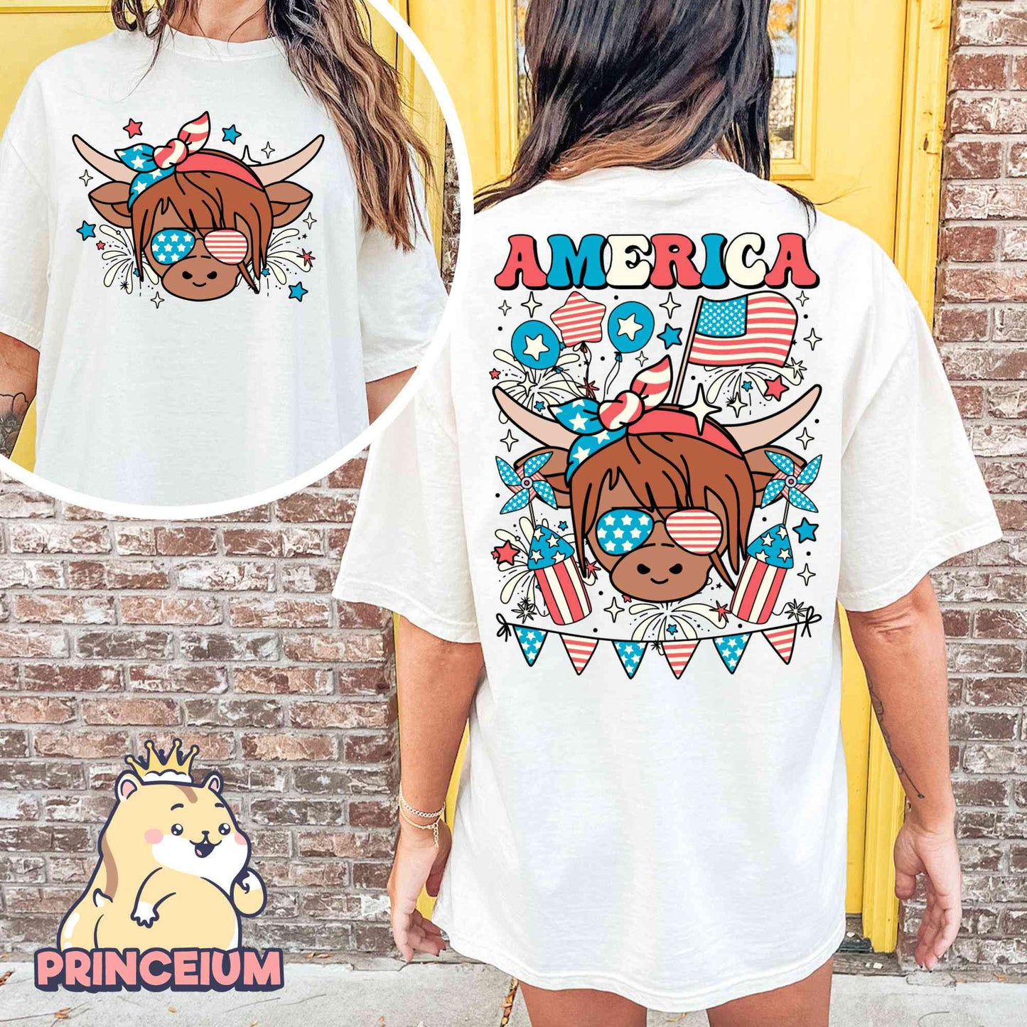 Western America Highland Cow Png, America Png, 4th of July Png, American Flag Png, Highland Cow Freedom Sublimation Design