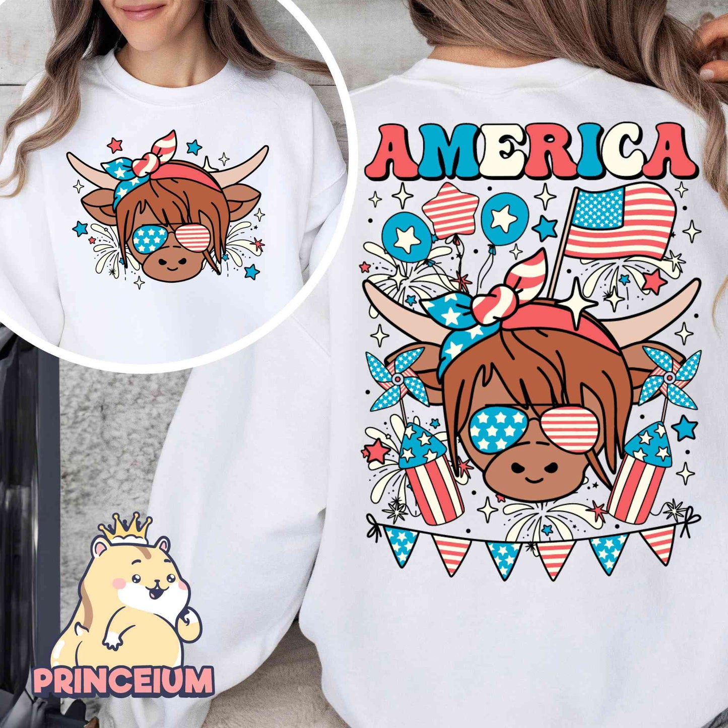 Western America Highland Cow Png, America Png, 4th of July Png, American Flag Png, Highland Cow Freedom Sublimation Design