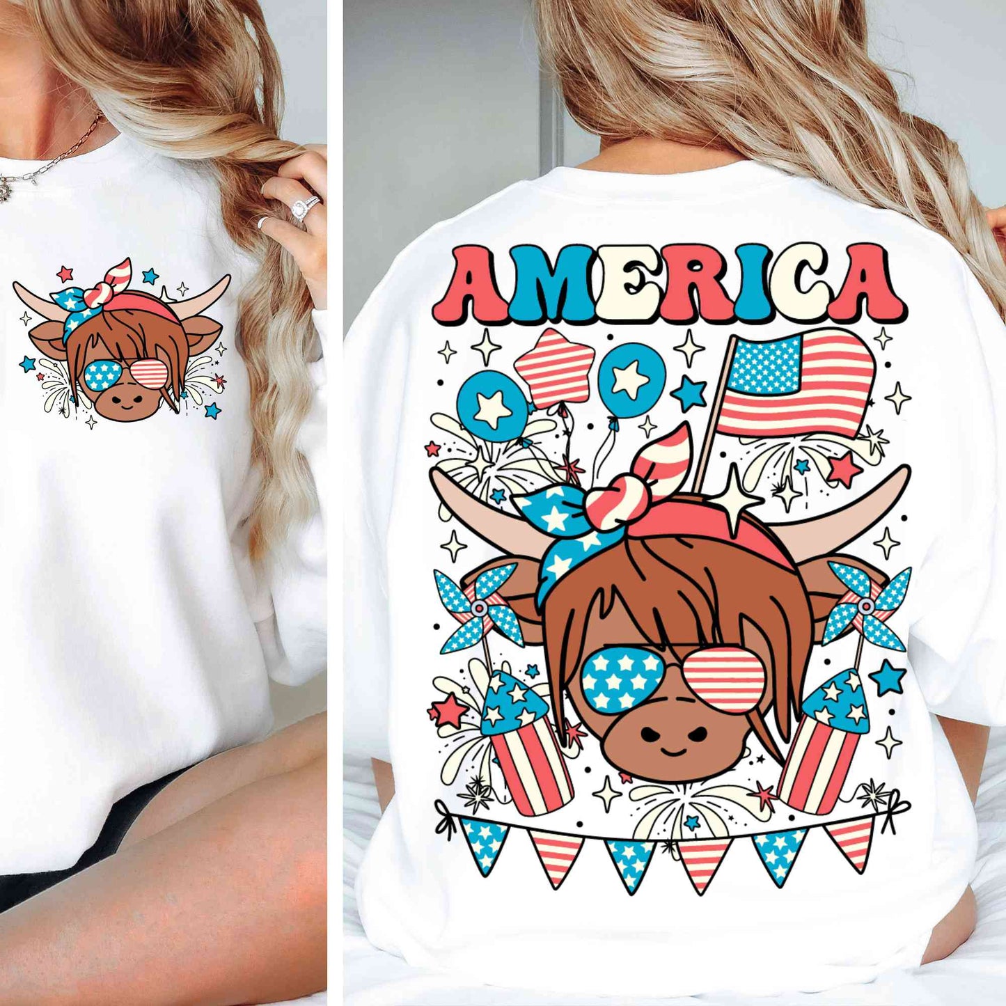 Western America Highland Cow Png, America Png, 4th of July Png, American Flag Png, Highland Cow Freedom Sublimation Design