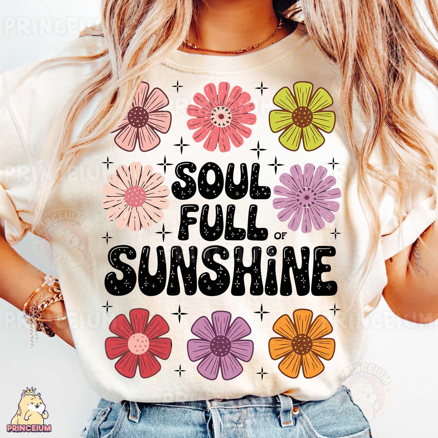 a woman wearing a t - shirt that says soul full of sunshine
