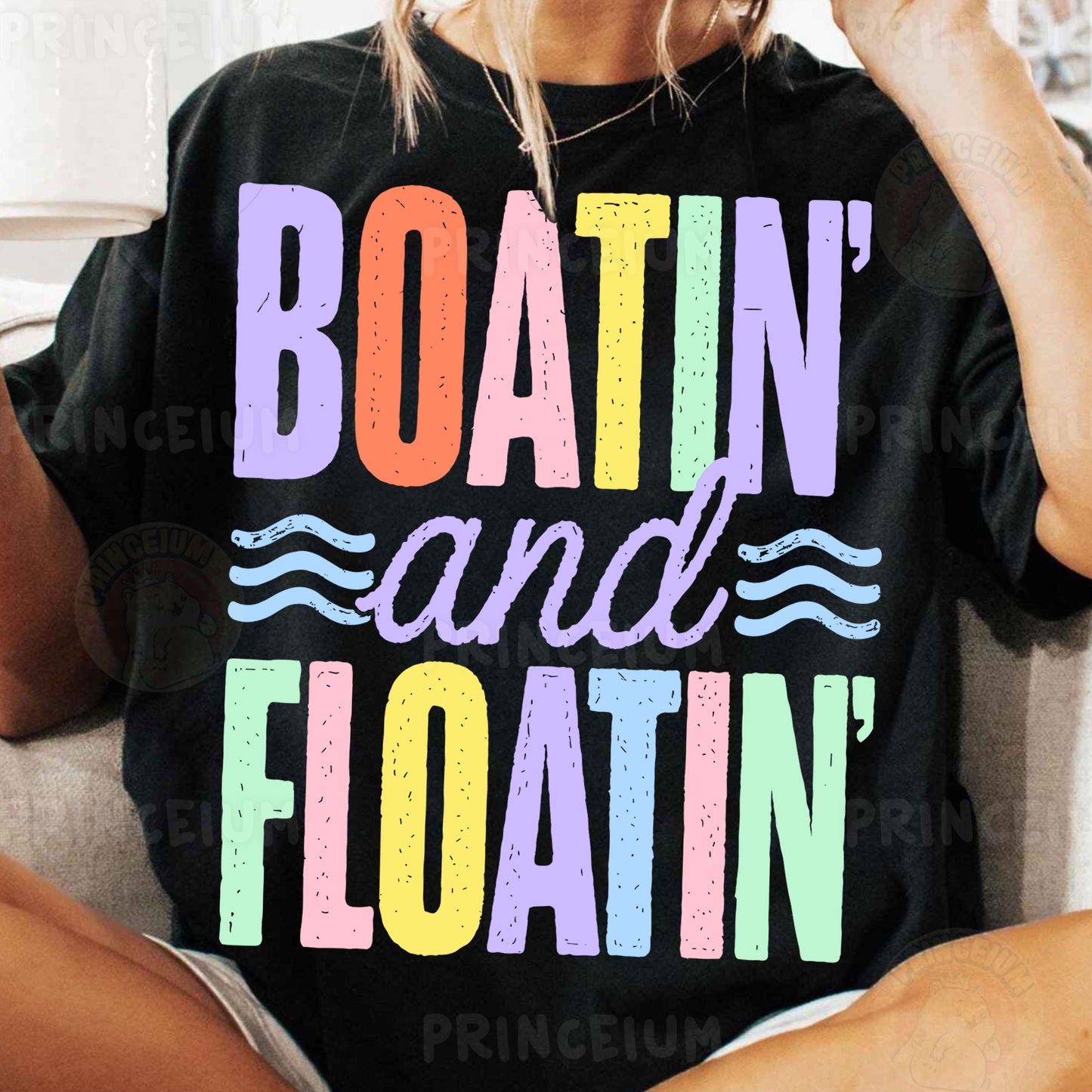 a woman sitting on a couch wearing a boatin and floatin shirt