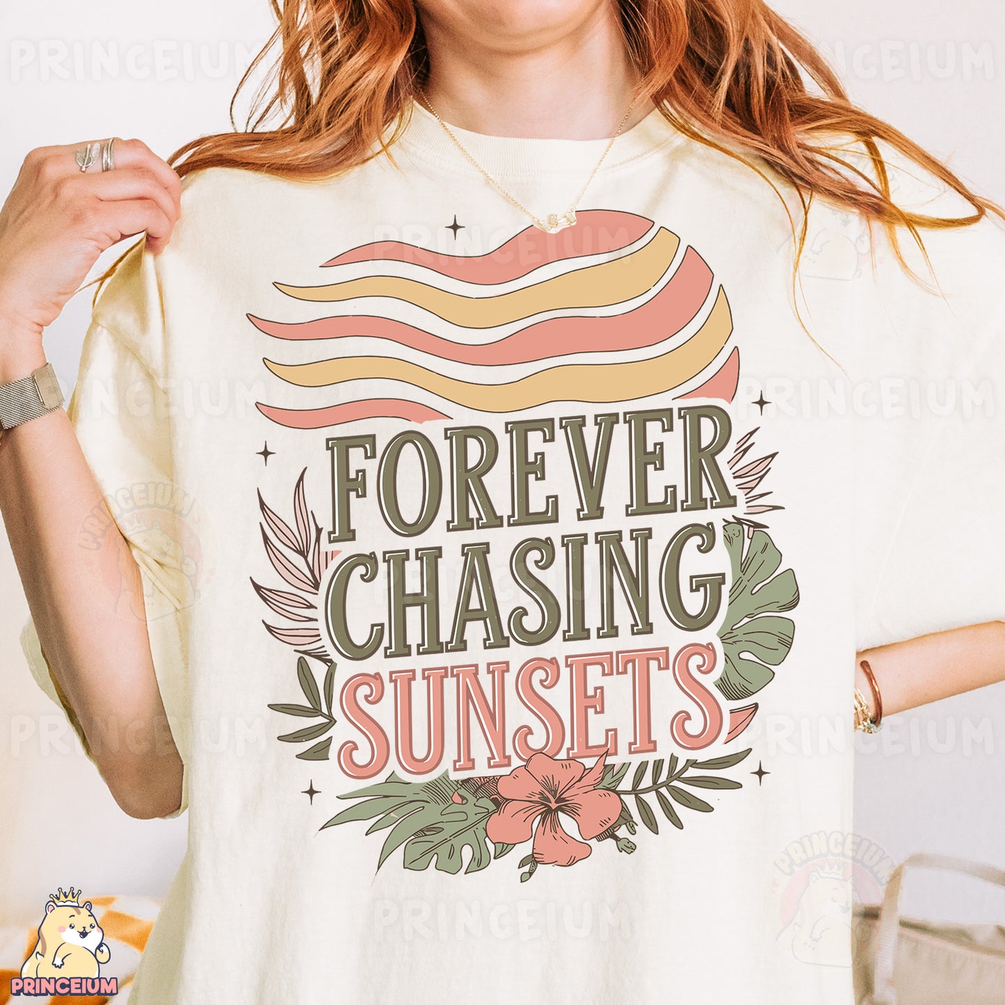 a woman wearing a t - shirt that says forever chasing sunsets
