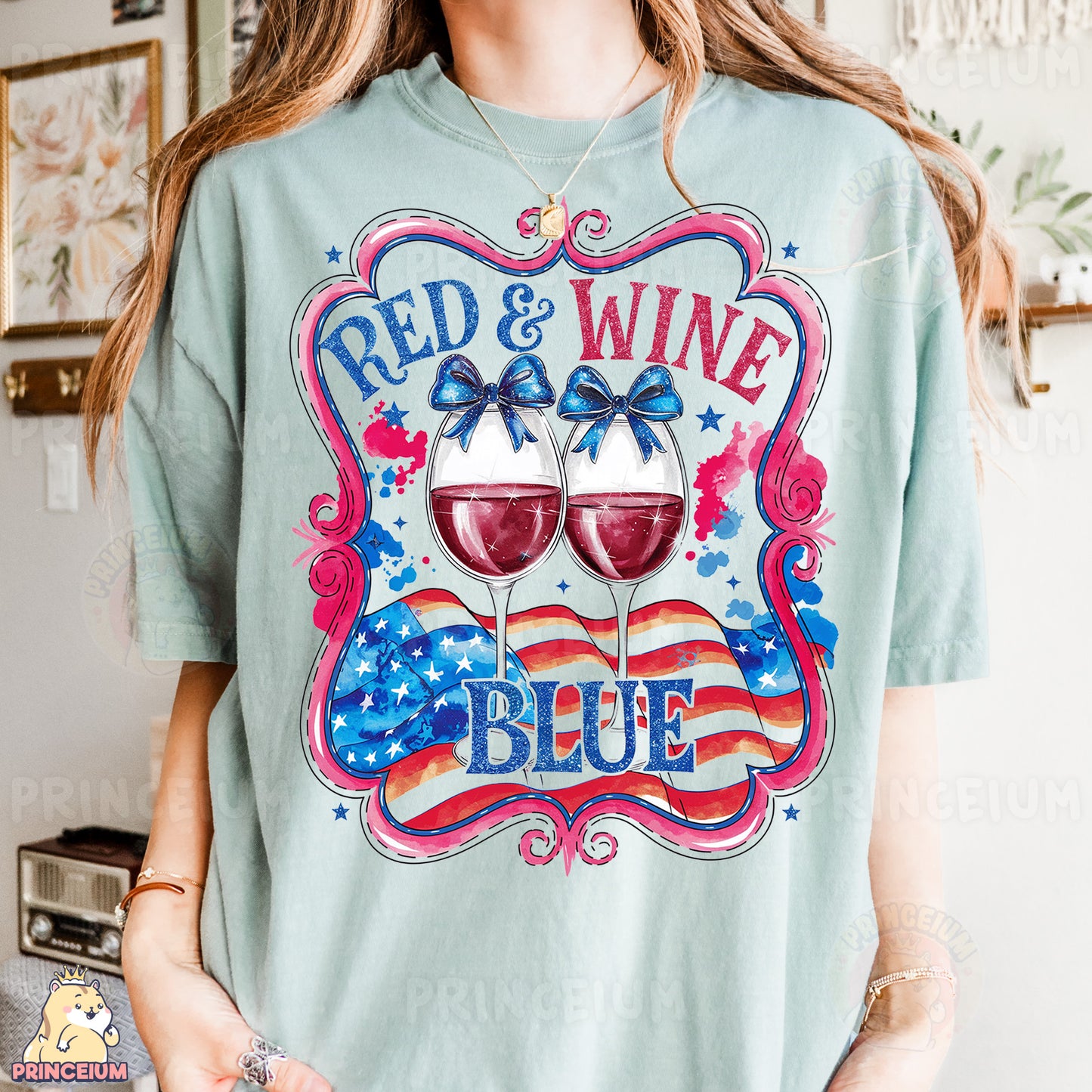 a woman wearing a t - shirt that says red and wine blue
