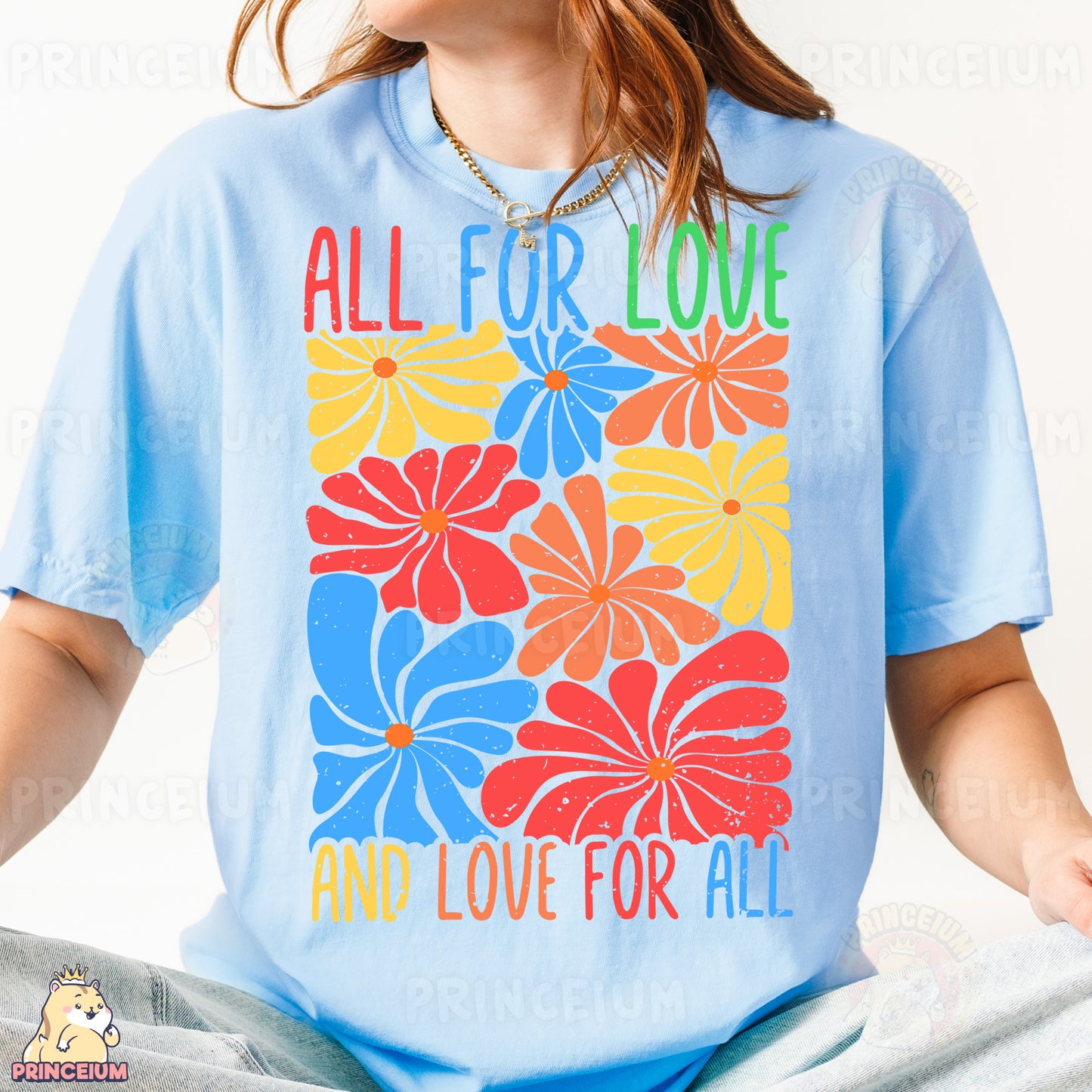 a woman sitting in a lotus position wearing a t - shirt that says all for