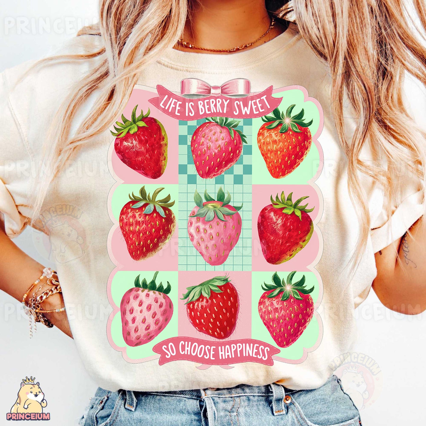 a woman wearing a t - shirt with strawberries on it